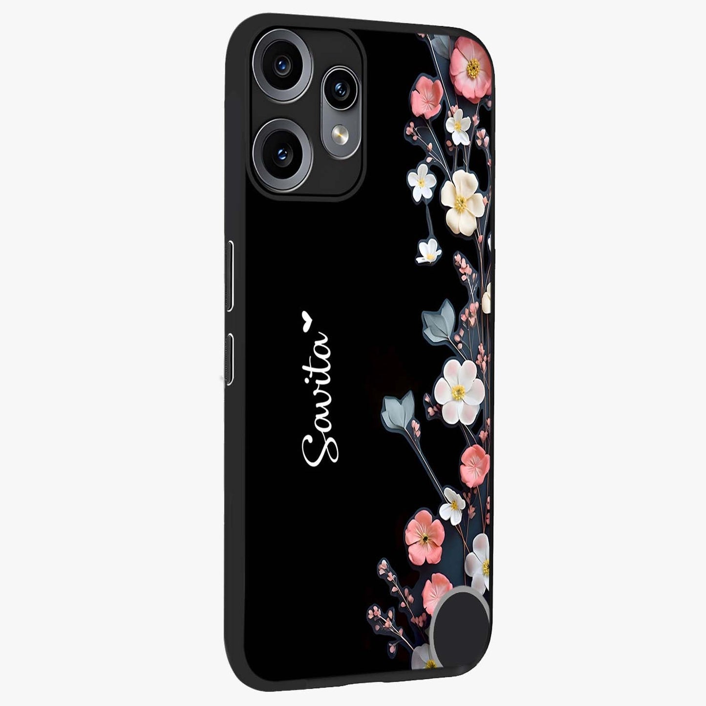 Black Elegance Floral Custom Name Glass Case upright view showcasing luxurious black floral design with personalized name detail.