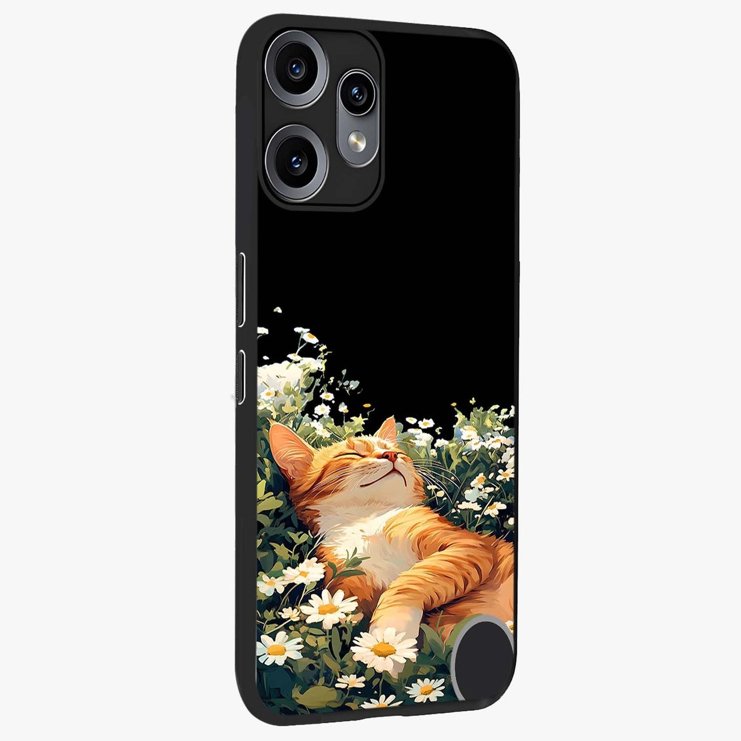 Blissful Bloom Cat Glass Case upright view showcasing charming cat design surrounded by blooming floral elements.