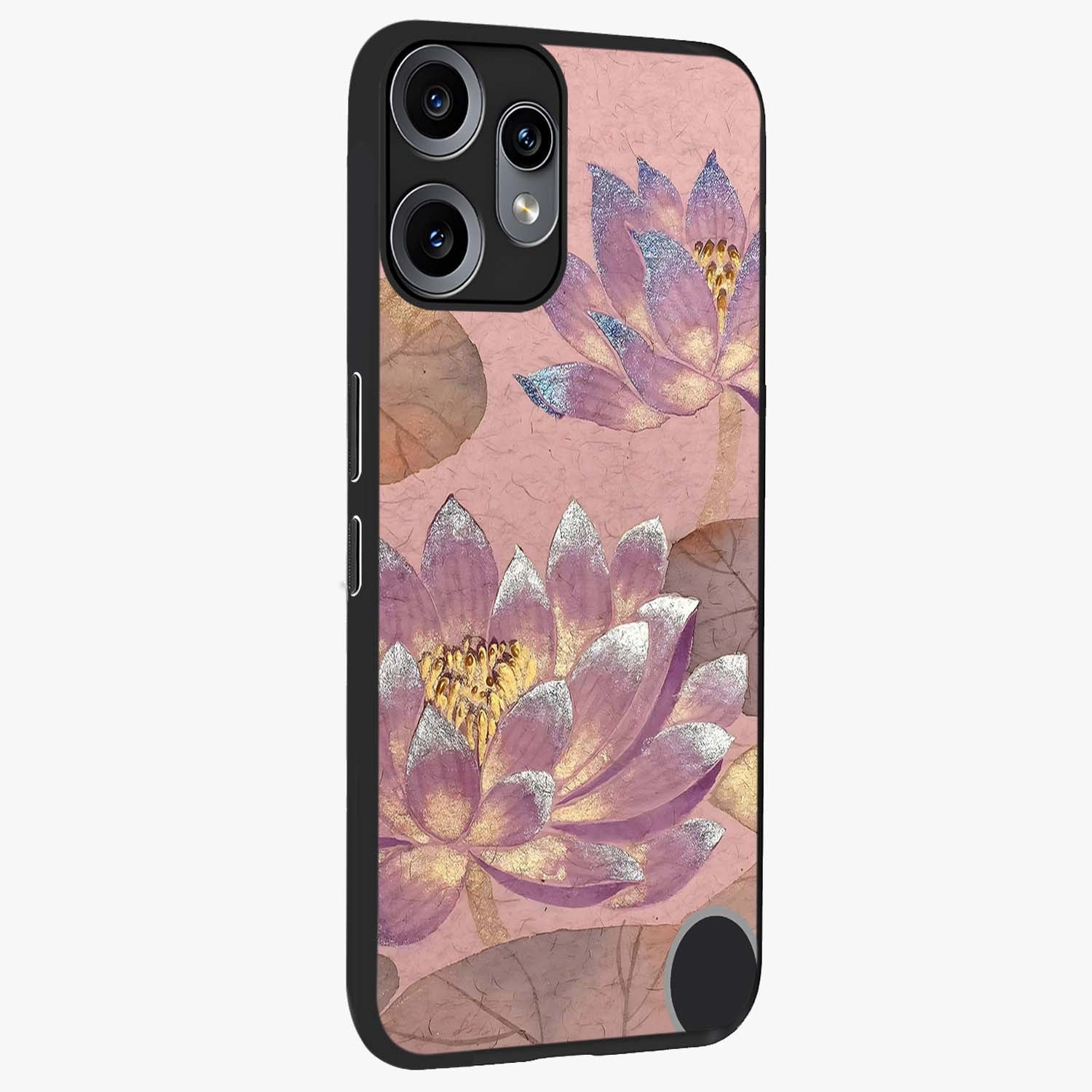 Blossom Mist Lotus Glass Case upright view showcasing graceful lotus flower design with peaceful botanical style.