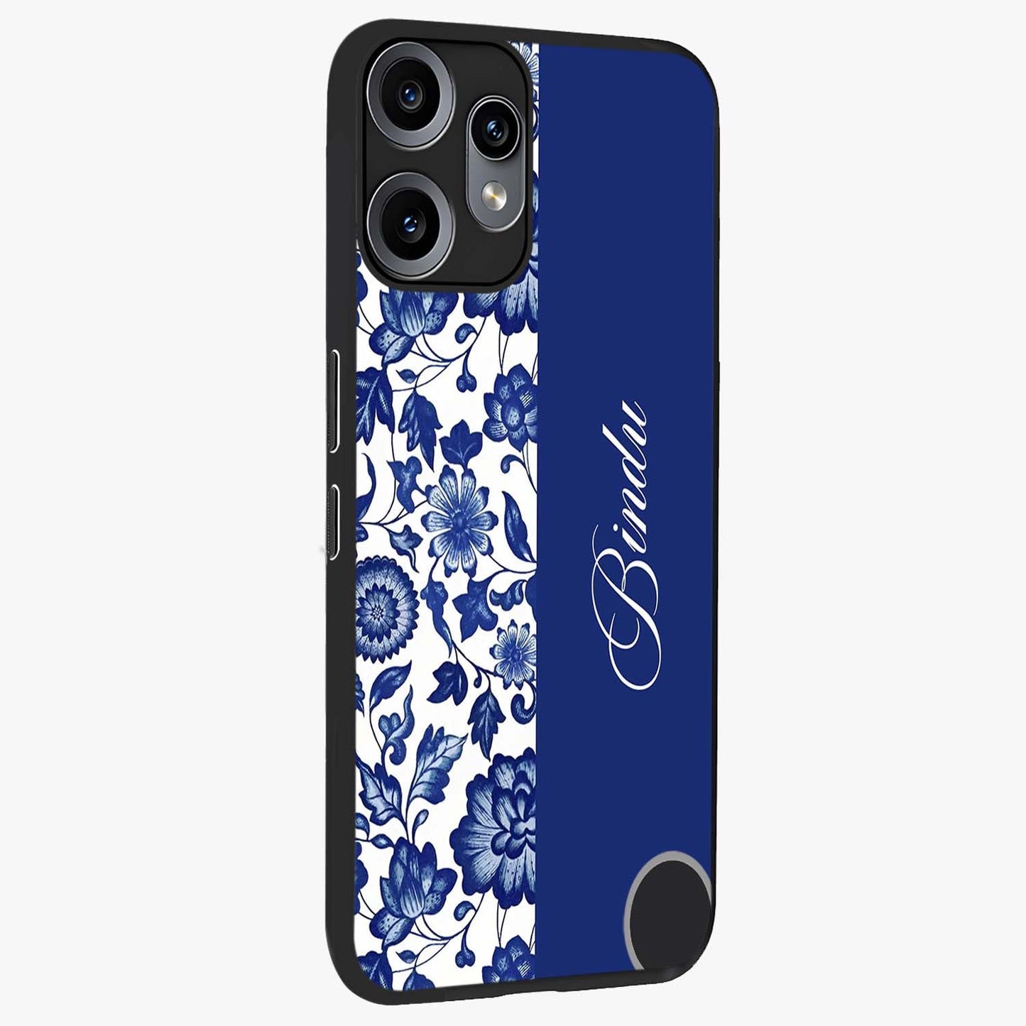 Blue Vintage Floral Pattern Glass Case upright view showcasing delicate blush floral texture with modern minimal style.