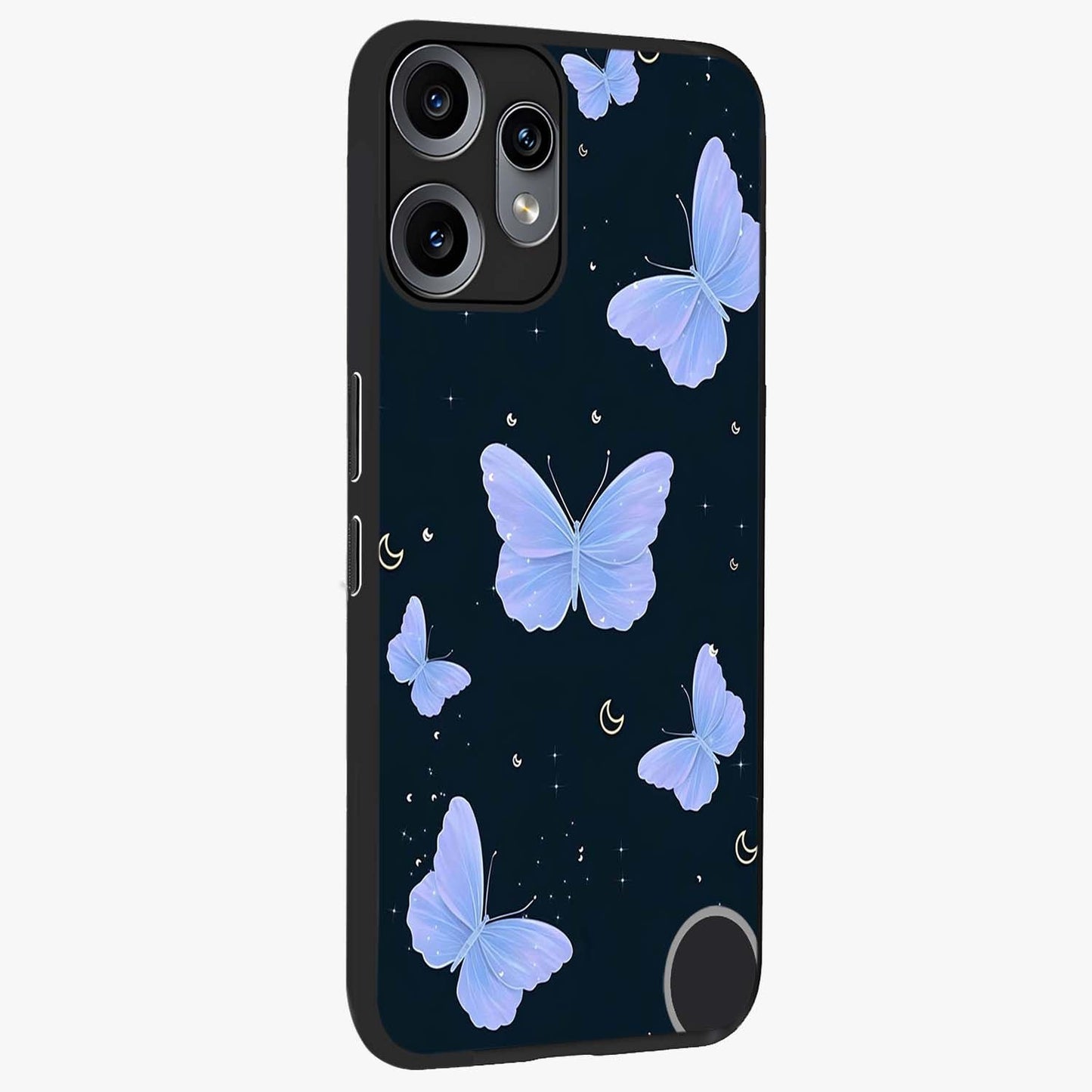 Butterfly With Stars Pattern Glass Case upright view showcasing celestial butterfly artwork with sparkling star elements.