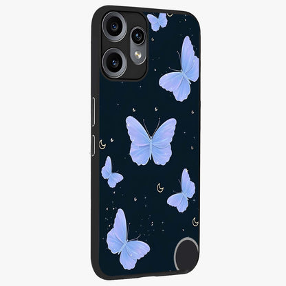 Butterfly With Stars Pattern Glass Case upright view showcasing celestial butterfly artwork with sparkling star elements.