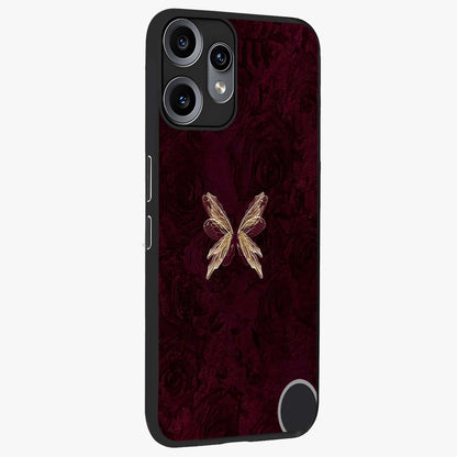 Crimson Fade Butterfly Glass Case upright view showcasing graceful butterfly artwork with soft crimson fade effect.