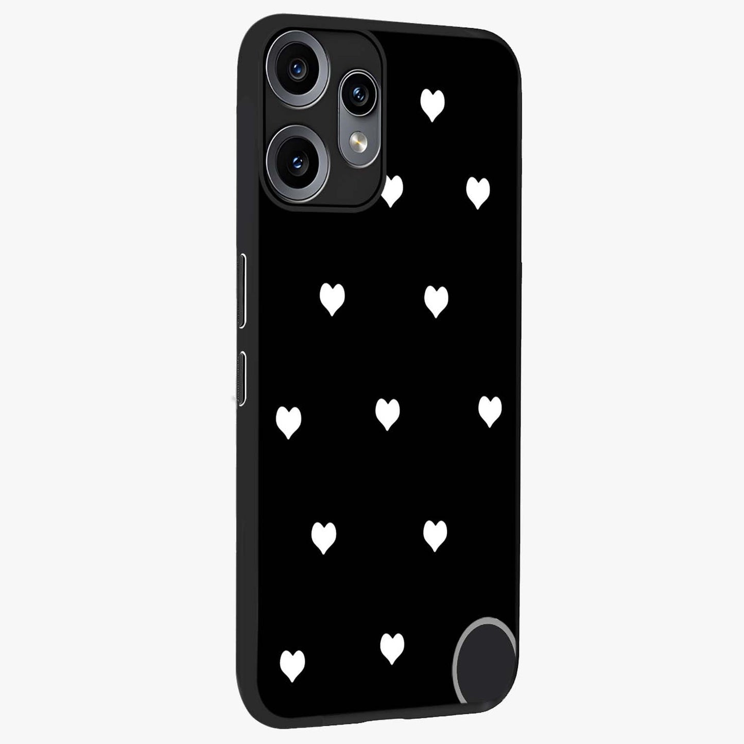 Cute And Simple White Hearts Glass Case upright view showcasing simple white hearts artwork with soft minimal theme.
