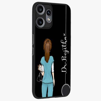 Doctor Pattern Custom Name Glass Case upright view showcasing healthcare themed design with personalized aesthetic.