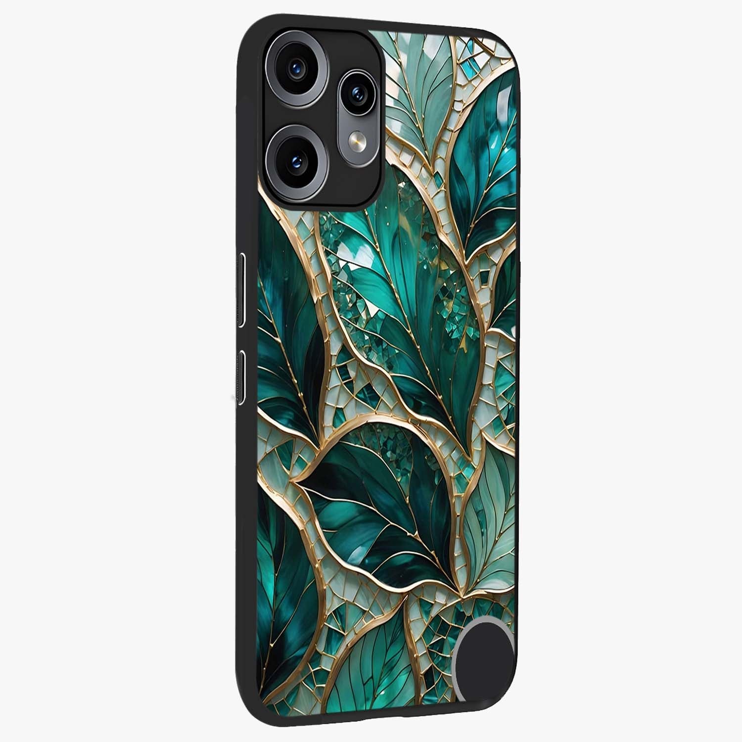 Emerald Leaf Glass Glass Case upright view showcasing fresh green leaf artwork with calming nature inspired style.