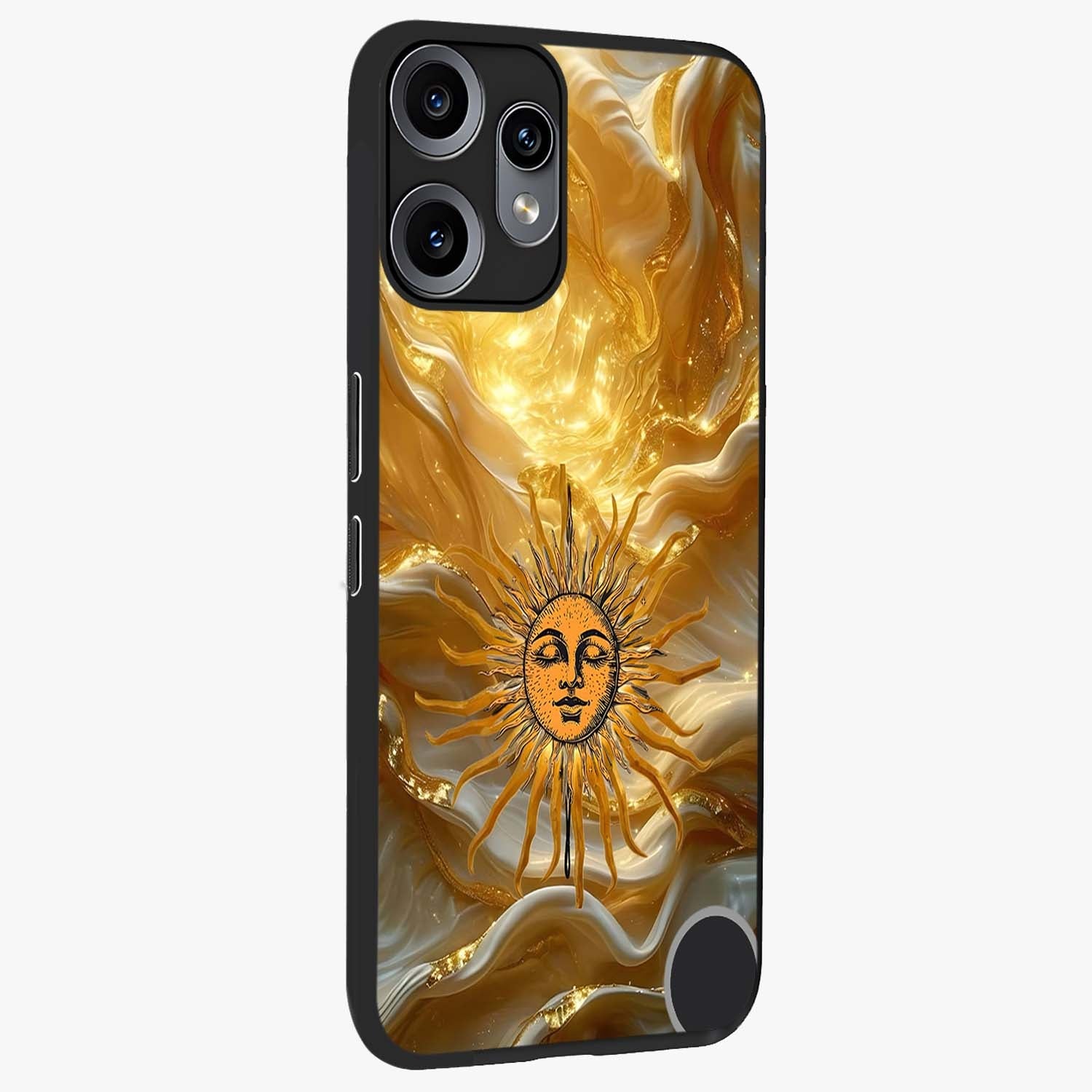 Eternal Golden Glow Glass Case upright view showcasing luminous golden artwork with luxurious visual theme.
