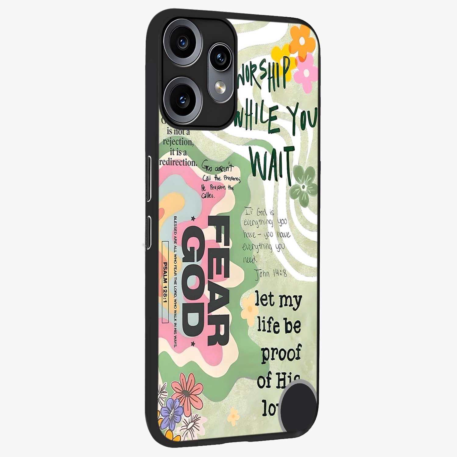 Faith Over Fear Glass Case upright view showcasing bold typography artwork with uplifting motivational theme.
