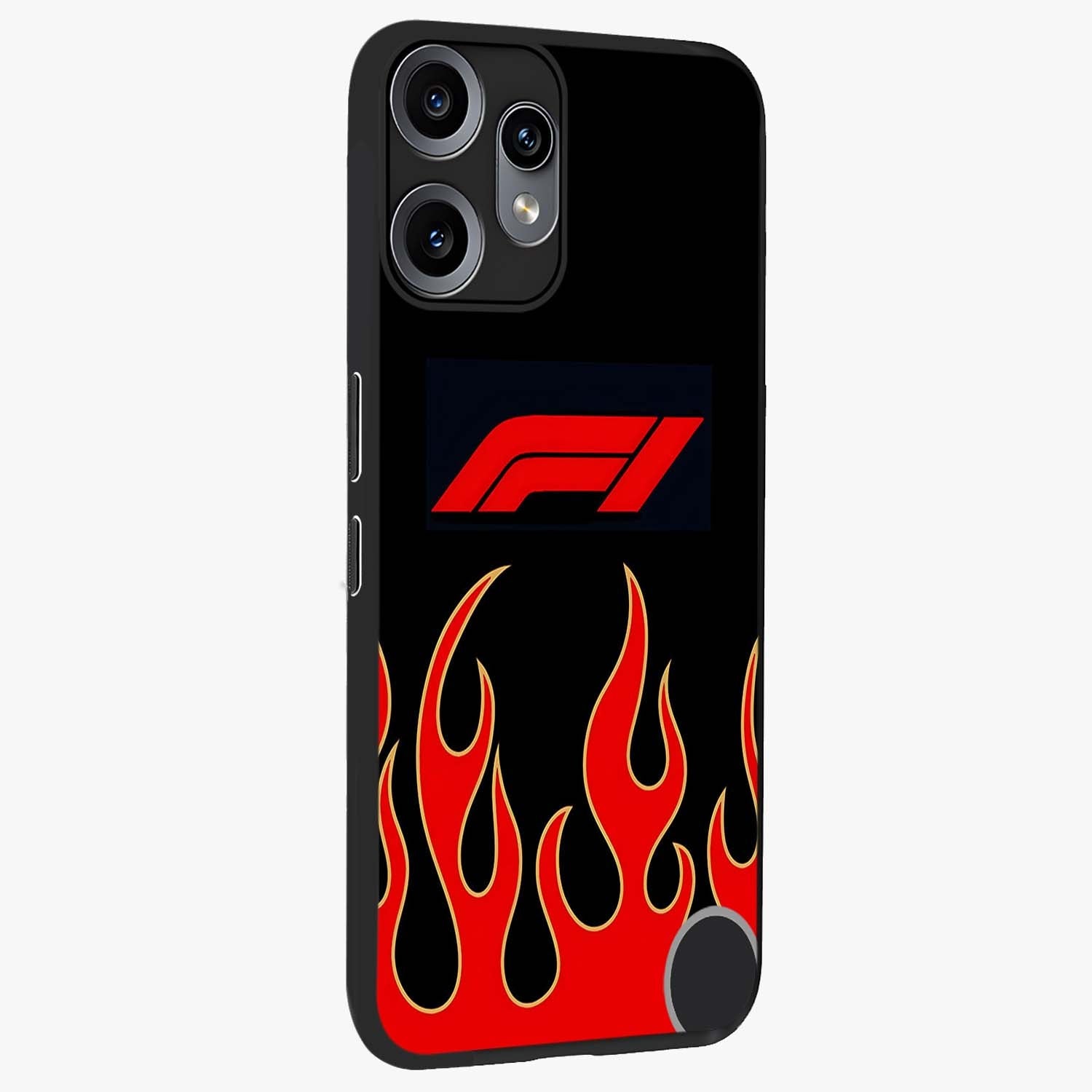 Fire F11 Glass Case upright view showcasing dynamic flame artwork with intense visual theme.