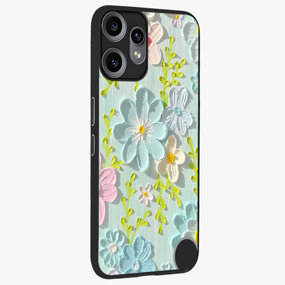 Frosted Petal Garden Glass Case upright view showcasing elegant floral garden artwork with soothing pastel theme.