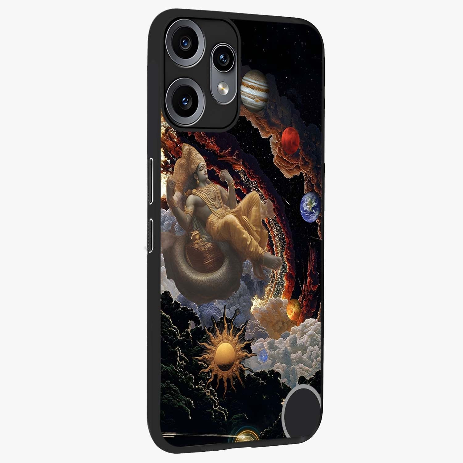 Galactic Divine God Glass Case upright view showcasing mystical divine artwork with dramatic cosmic theme.