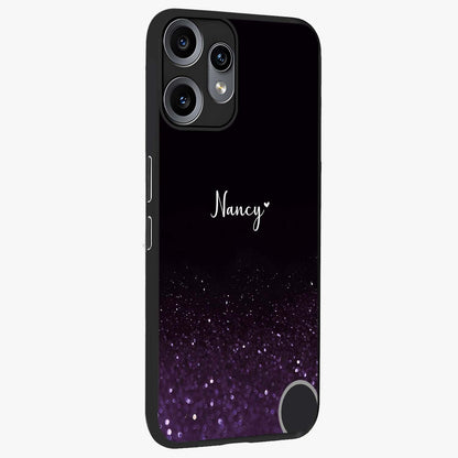 Glittery Purple Bokeh Custom Name Glass Case upright view showcasing vibrant purple sparkle artwork with personalized aesthetic style.