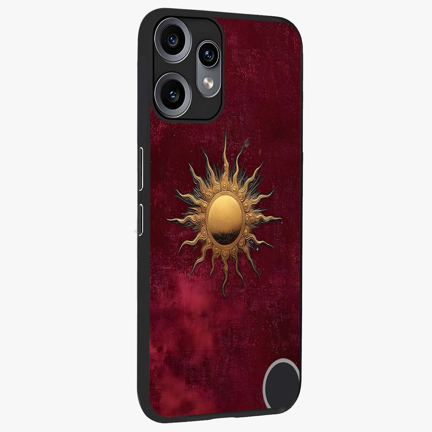 Golden Sun Minimalism Glass Case upright view showcasing simple golden sun artwork with elegant minimalist style.
