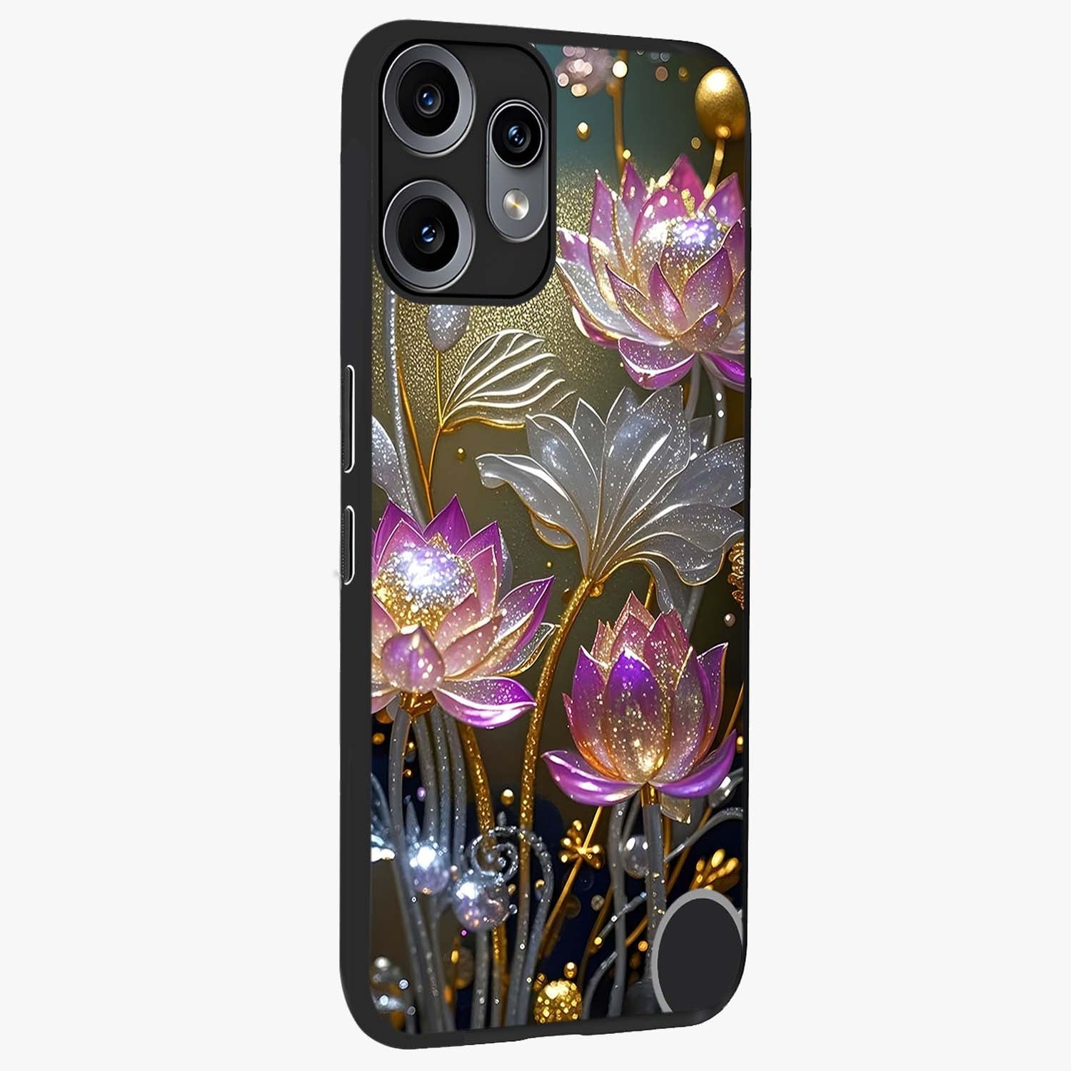 Golden Floral Majesty Glass Case upright view showcasing majestic floral artwork with rich decorative theme.