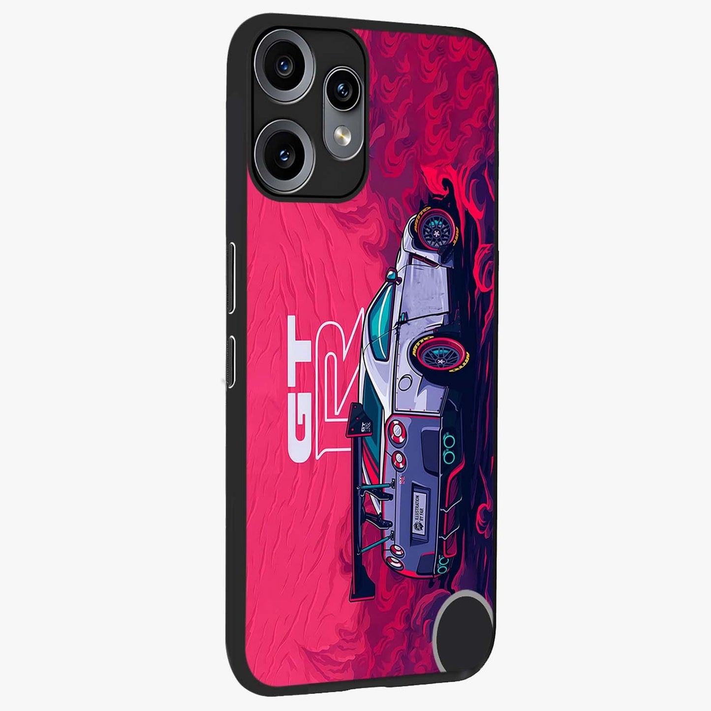 GT-R Car Pattern Glass Case upright view showcasing dynamic car pattern artwork with modern sports theme.