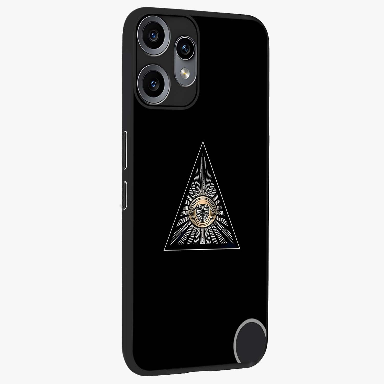 Illuminati Evil Glass Case upright view showcasing striking illuminati artwork with mysterious symbolic theme.