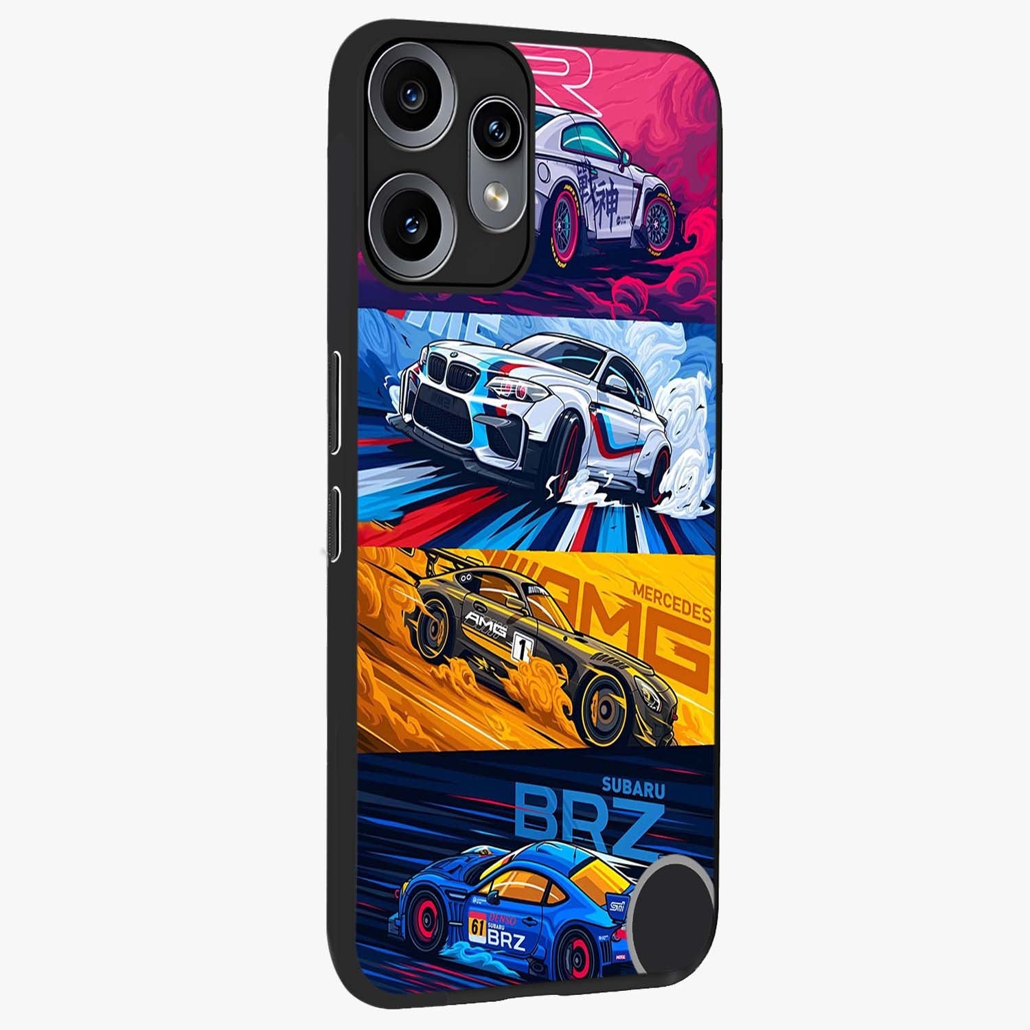 JDM Sports Car Glass Case upright view showcasing dynamic sports car artwork with bold racing theme.