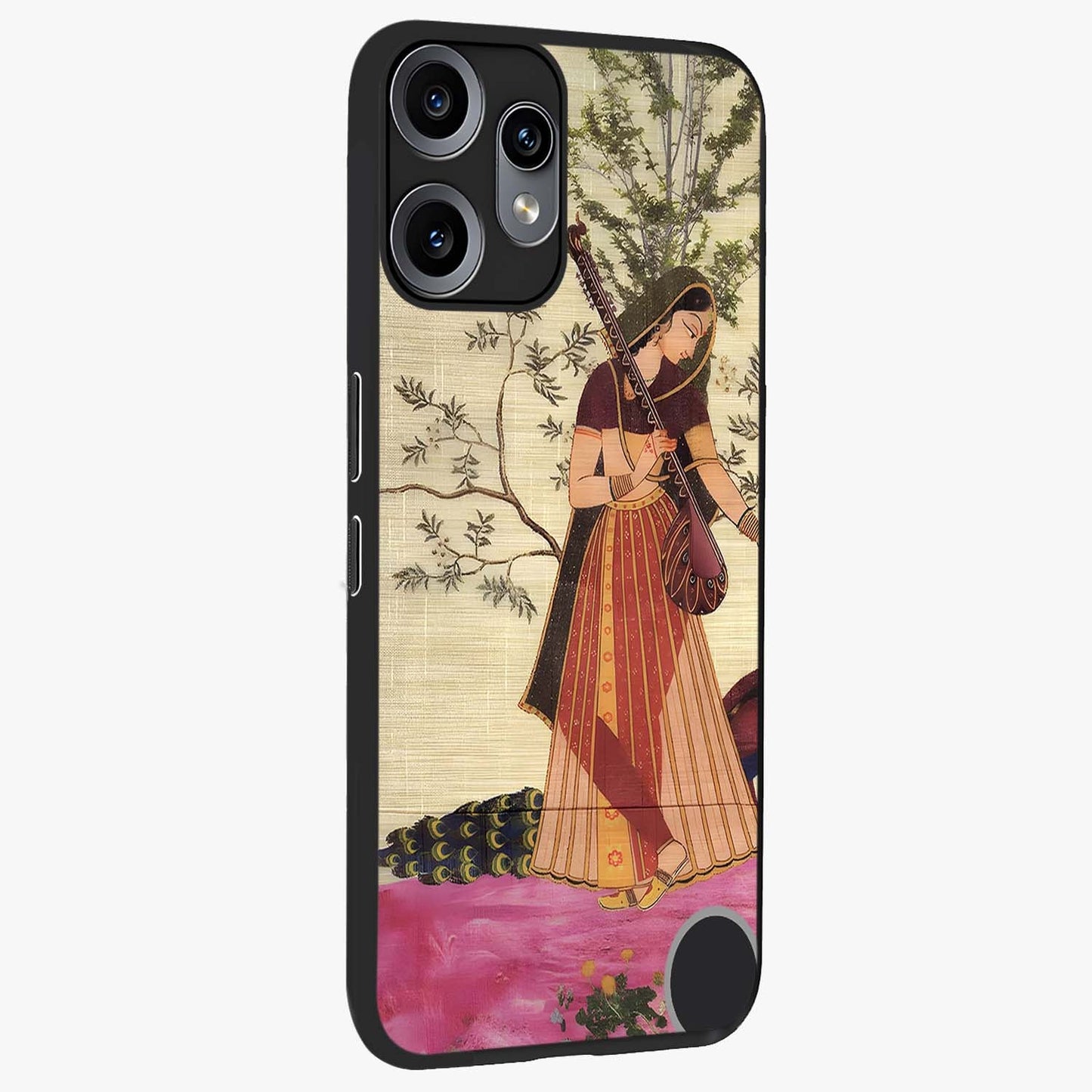 Lady With Veena Art Glass Case upright view showcasing classical veena artwork with traditional artistic theme.