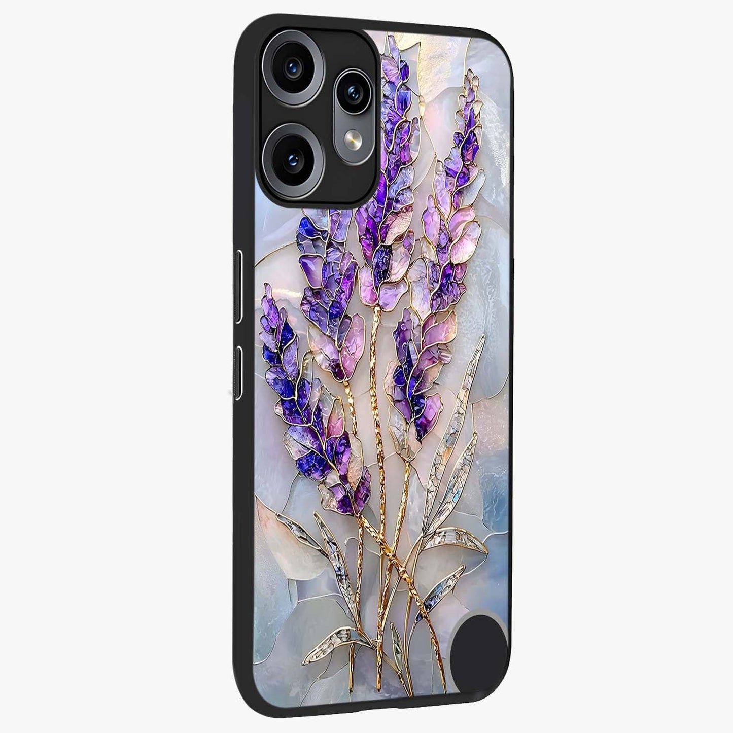 Lavender Dream Glow Glass Case upright view showcasing radiant lavender glow artwork with calming dreamy theme.