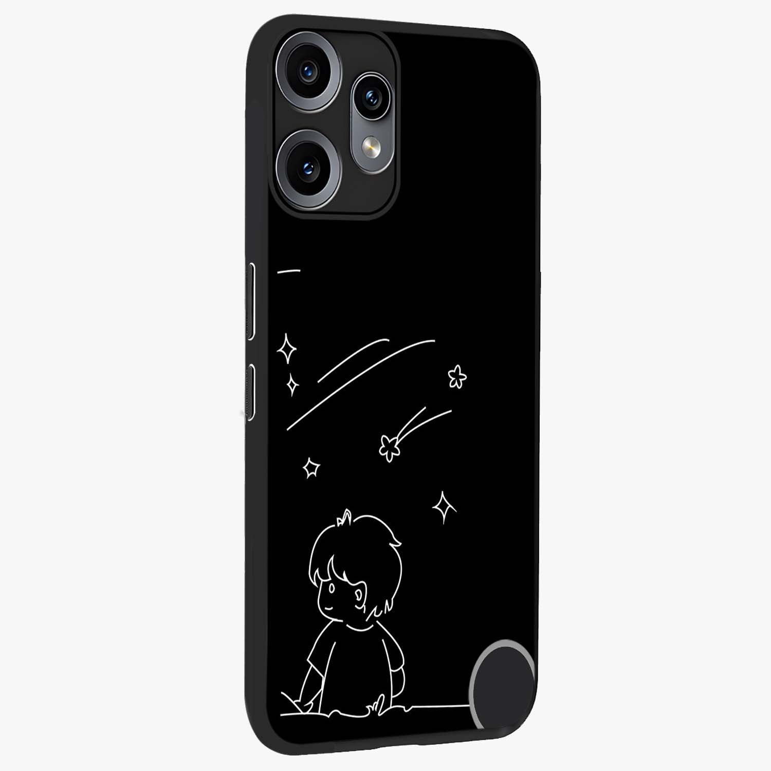 Line Art Boy With Shooting Stars Glass Case upright view showcasing artistic shooting star illustration with minimal style.