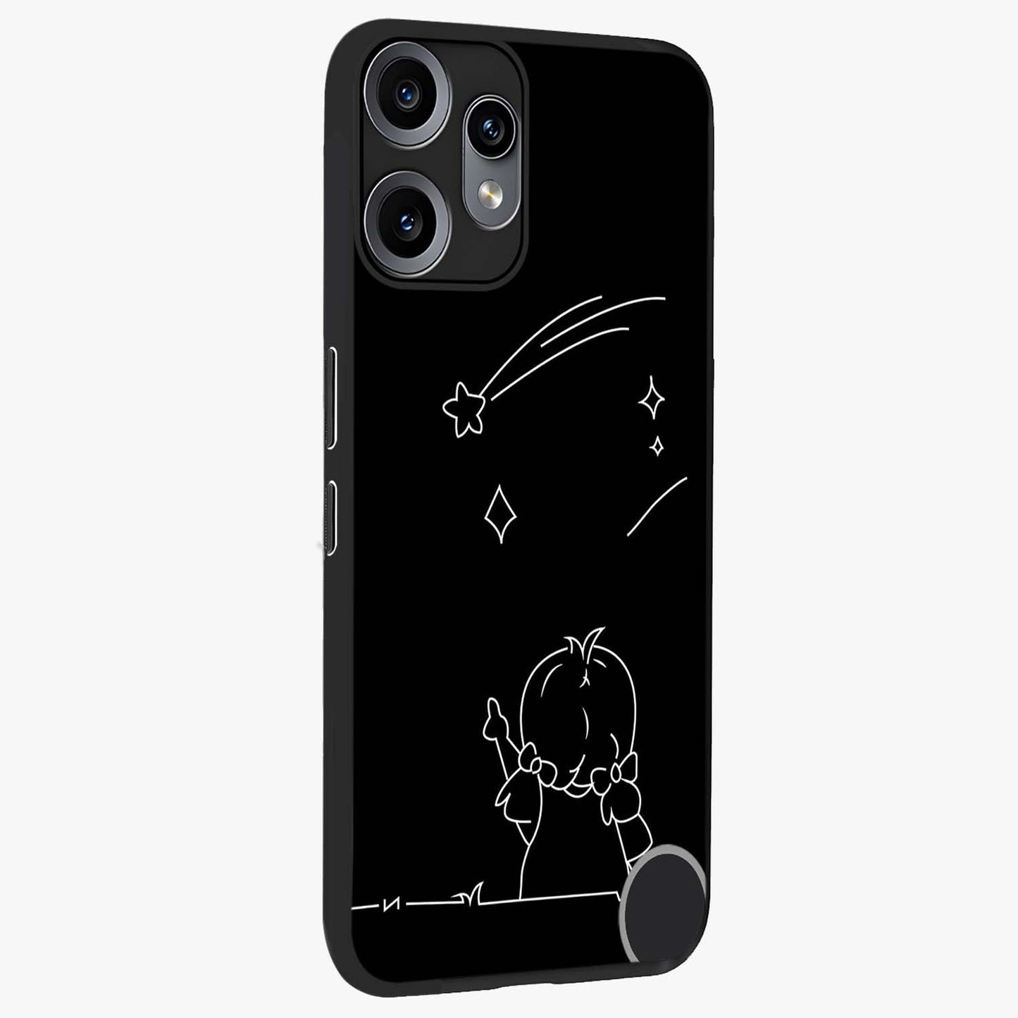 Line Art Girl With Shooting Stars Glass Case upright view showcasing delicate shooting stars artwork with minimal artistic theme.
