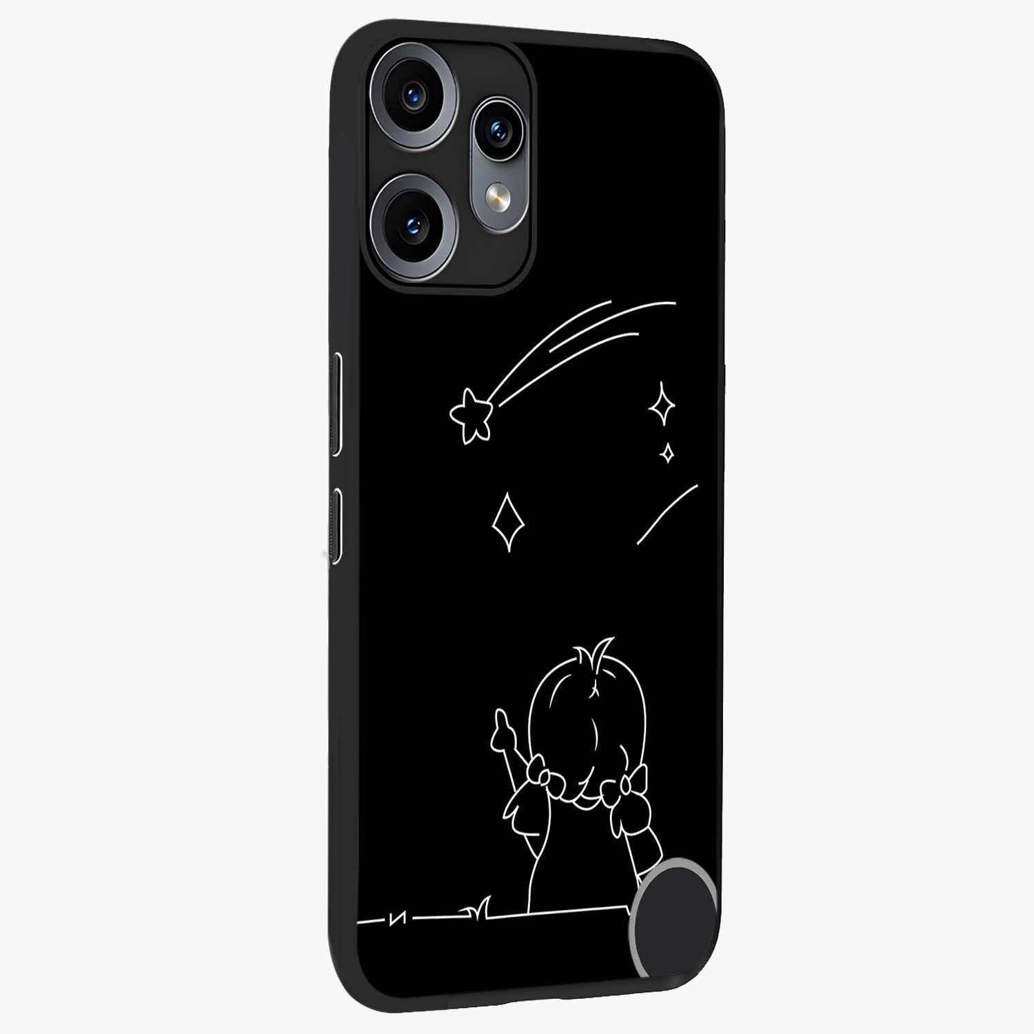Line Art Girl With Shooting Stars Glass Case upright view showcasing delicate shooting stars artwork with minimal artistic theme.