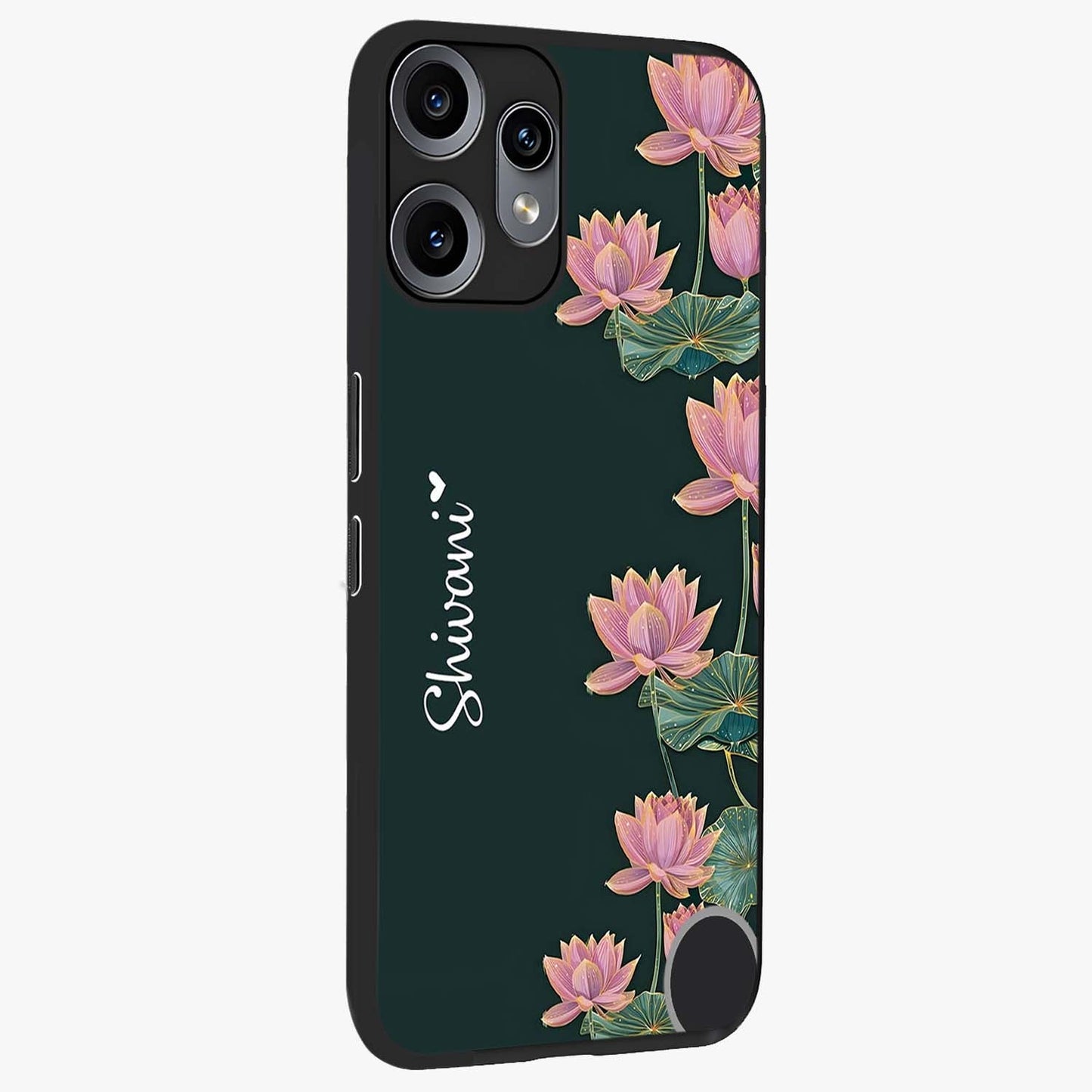 Lotus Bloom Serenity Custom Name Glass Case upright view showcasing serene lotus bloom artwork with personalized floral aesthetic.
