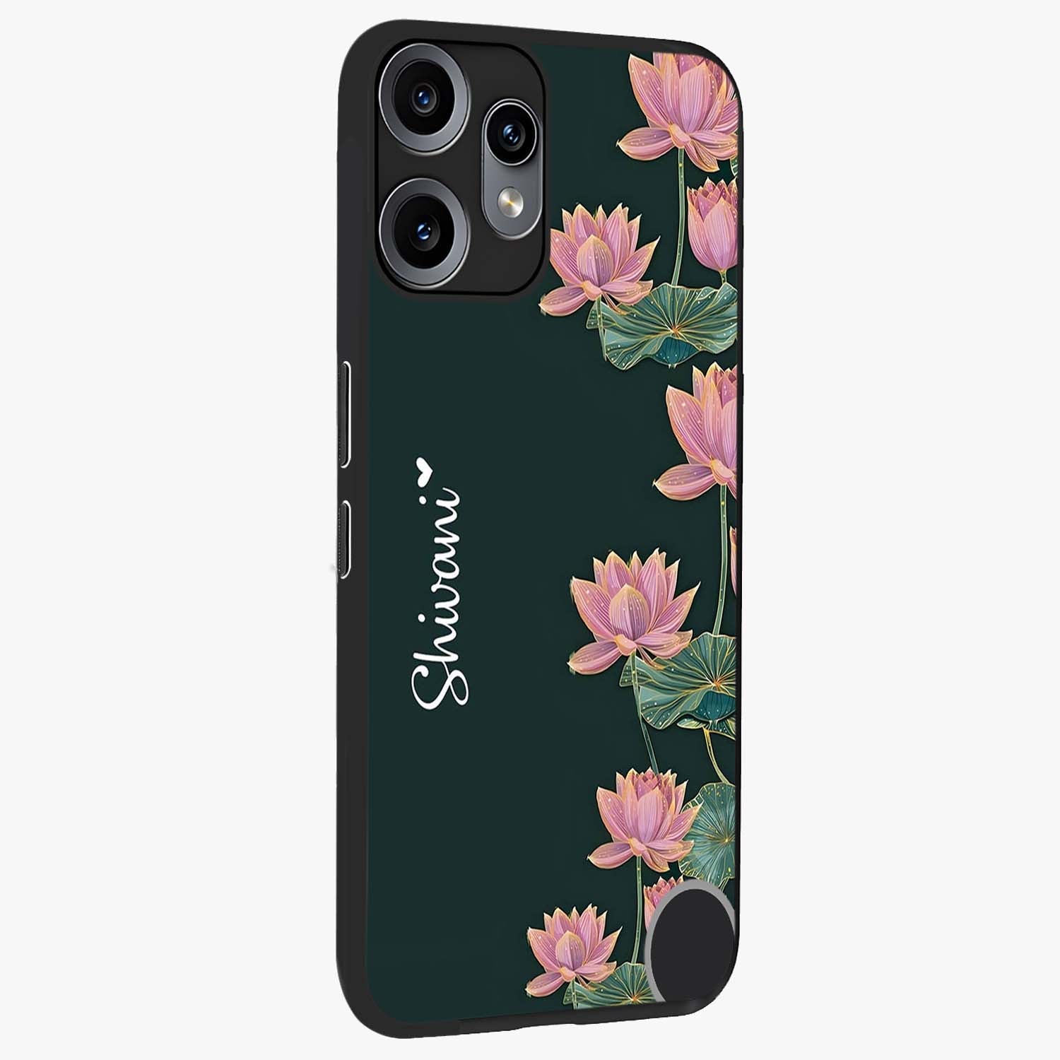 Lotus Bloom Serenity Custom Name Glass Case upright view showcasing serene lotus bloom artwork with personalized floral aesthetic.