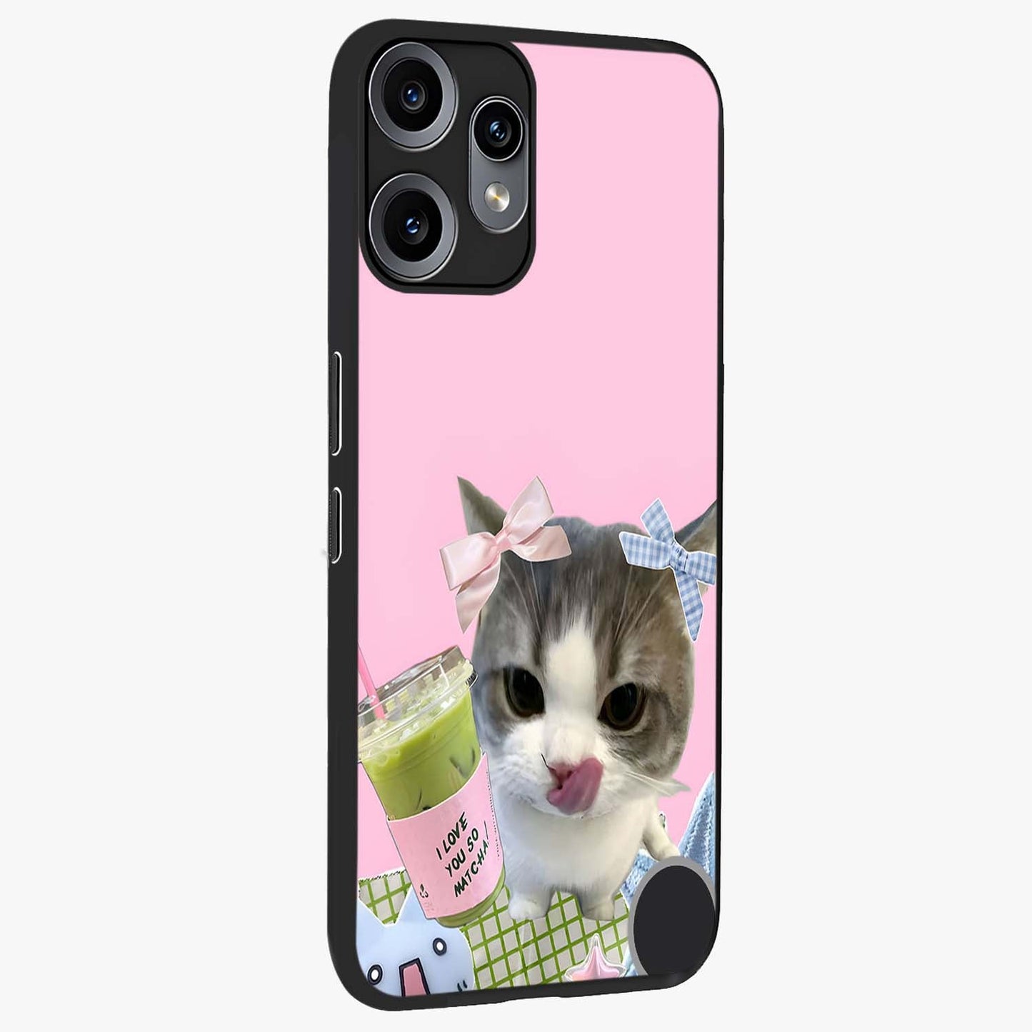 Love Matcha Cat Glass Case upright view showcasing adorable cat artwork with charming matcha themed design.