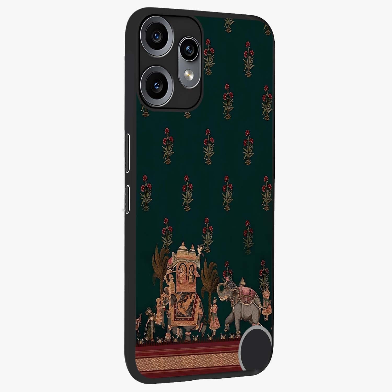 Macmerise Glass Case upright view showcasing bold artistic artwork with contemporary design theme.
