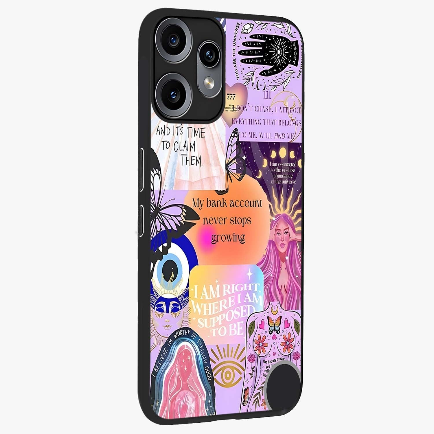 Manifestation Collage Glass Case upright view showcasing artistic manifestation themed artwork with creative style.