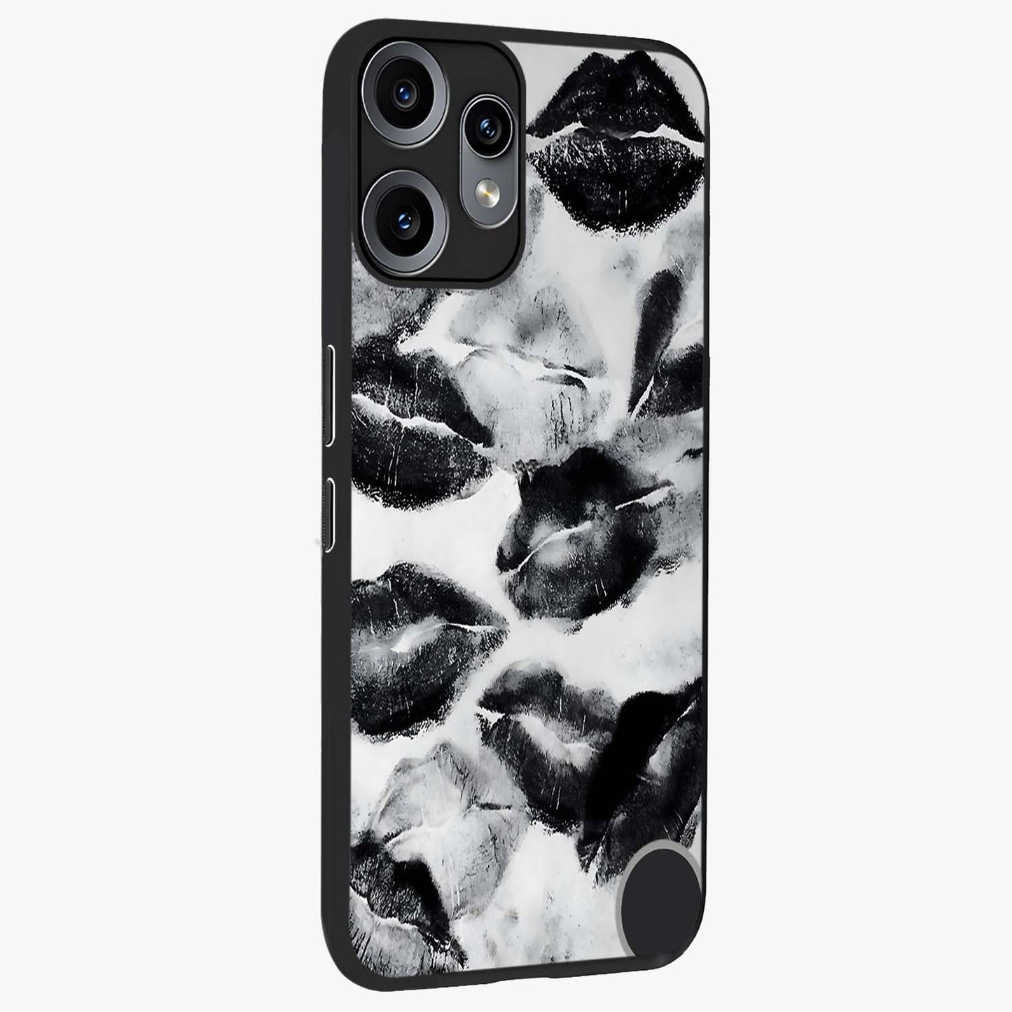 Midnight Kiss Marks Glass Case upright view showcasing stylish kiss mark artwork with trendy romantic theme.