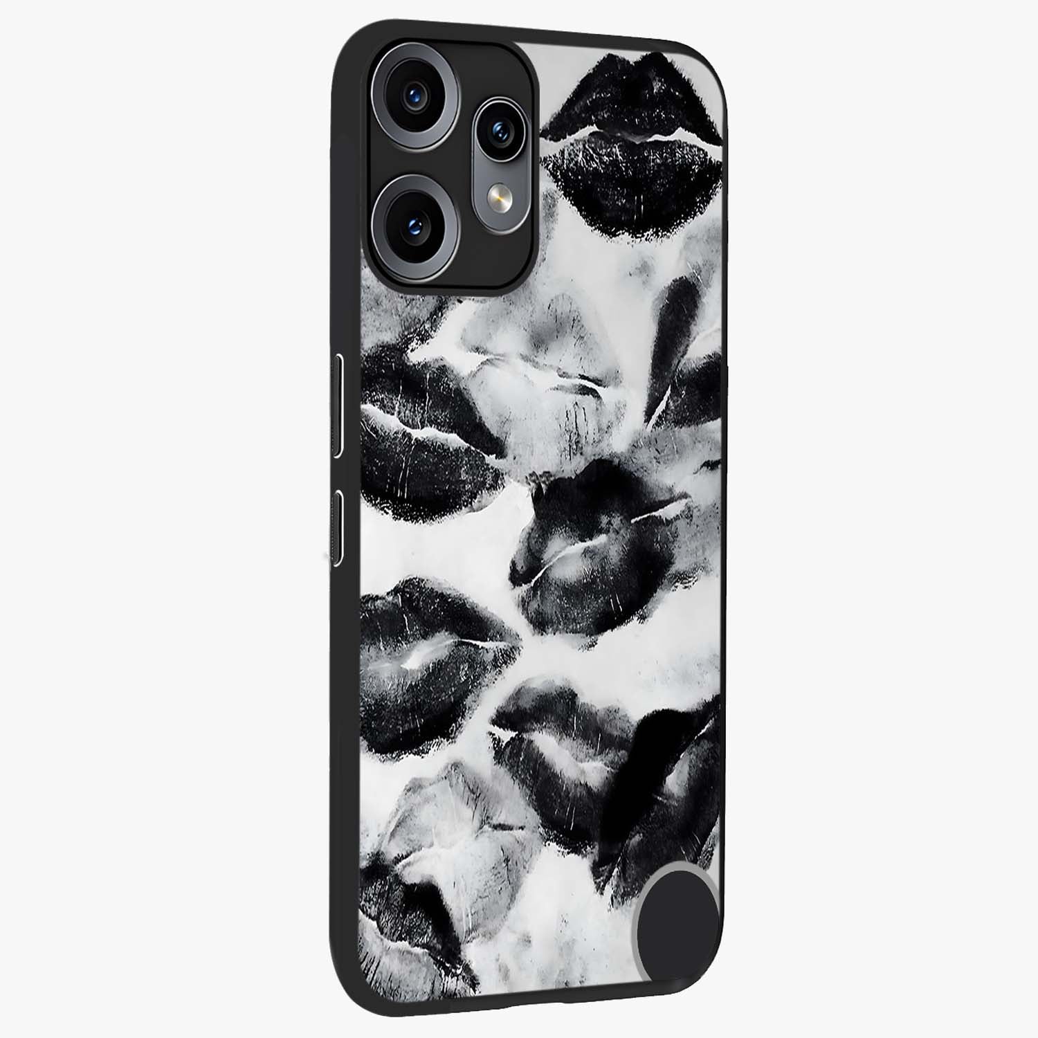 Midnight Kiss Marks Glass Case upright view showcasing stylish kiss mark artwork with trendy romantic theme.