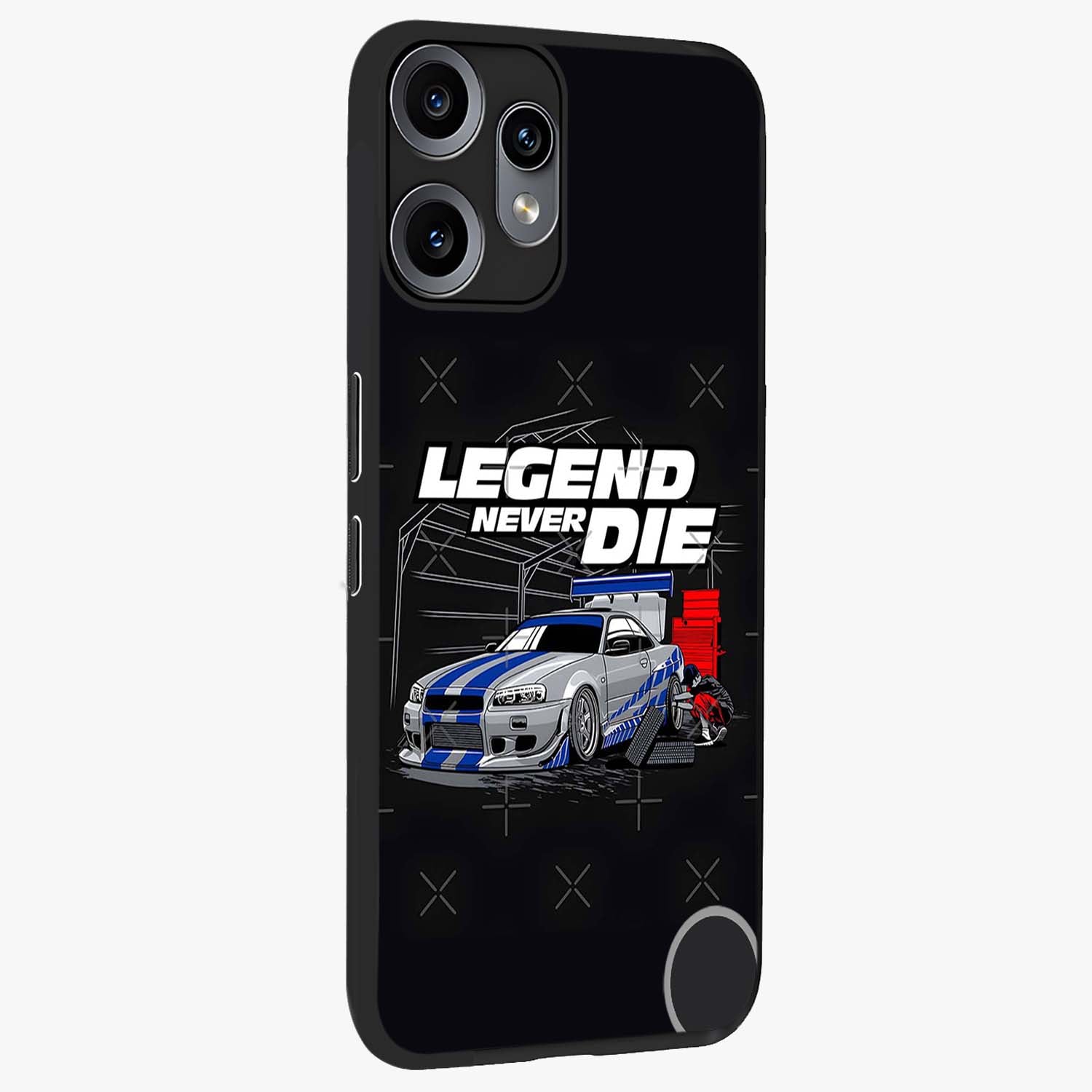 Midnight Racing Legacy Glass Case upright view showcasing powerful racing artwork with modern sports theme.