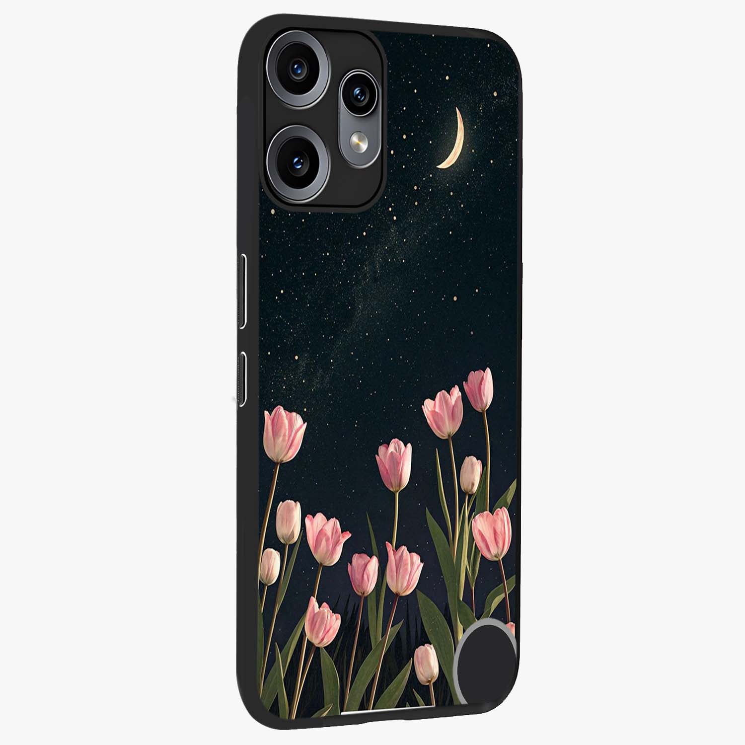 Midnight Tulip Whispers Vibe Glass Case upright view showcasing graceful tulip artwork with calm botanical theme.