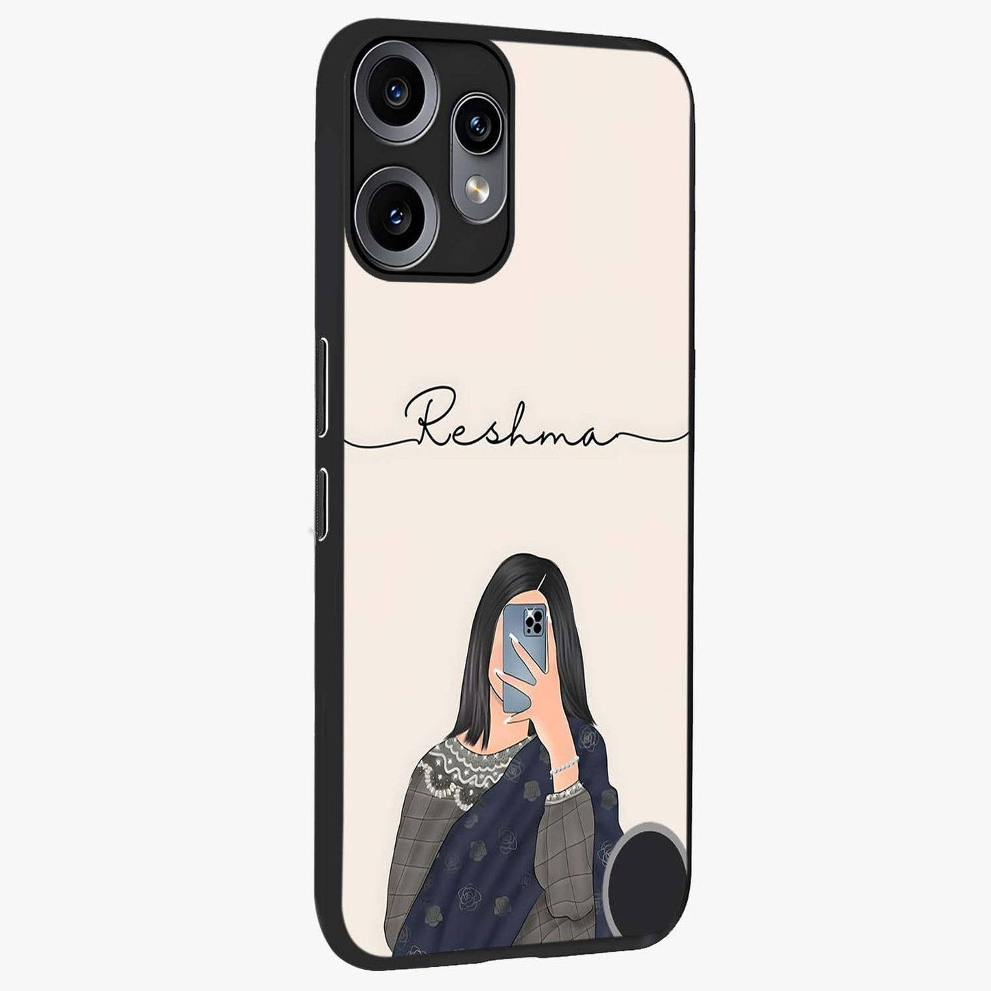 Mirror Mood Muse With Custom Name Glass Case upright view showcasing artistic mirror themed artwork with personalized aesthetic.