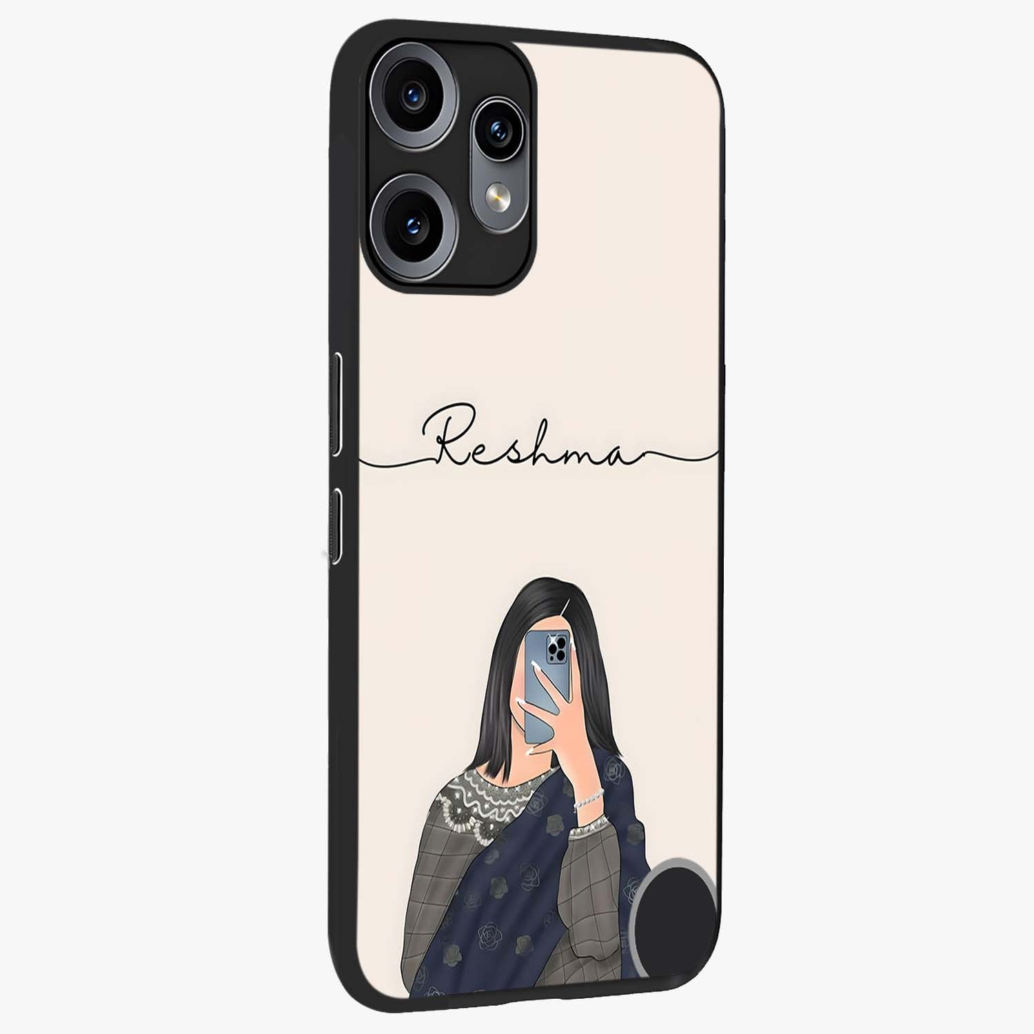 Mirror Mood Muse With Custom Name Glass Case upright view showcasing artistic mirror themed artwork with personalized aesthetic.