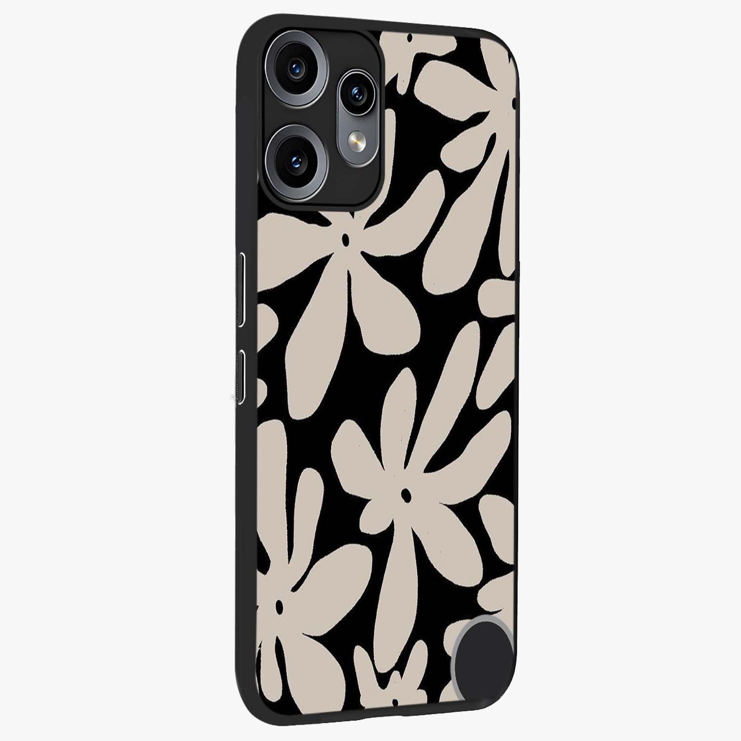 Monochrome Petal Dance Glass Case upright view showcasing artistic floral pattern with stylish monochrome theme.