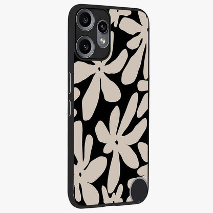 Monochrome Petal Dance Glass Case upright view showcasing artistic floral pattern with stylish monochrome theme.