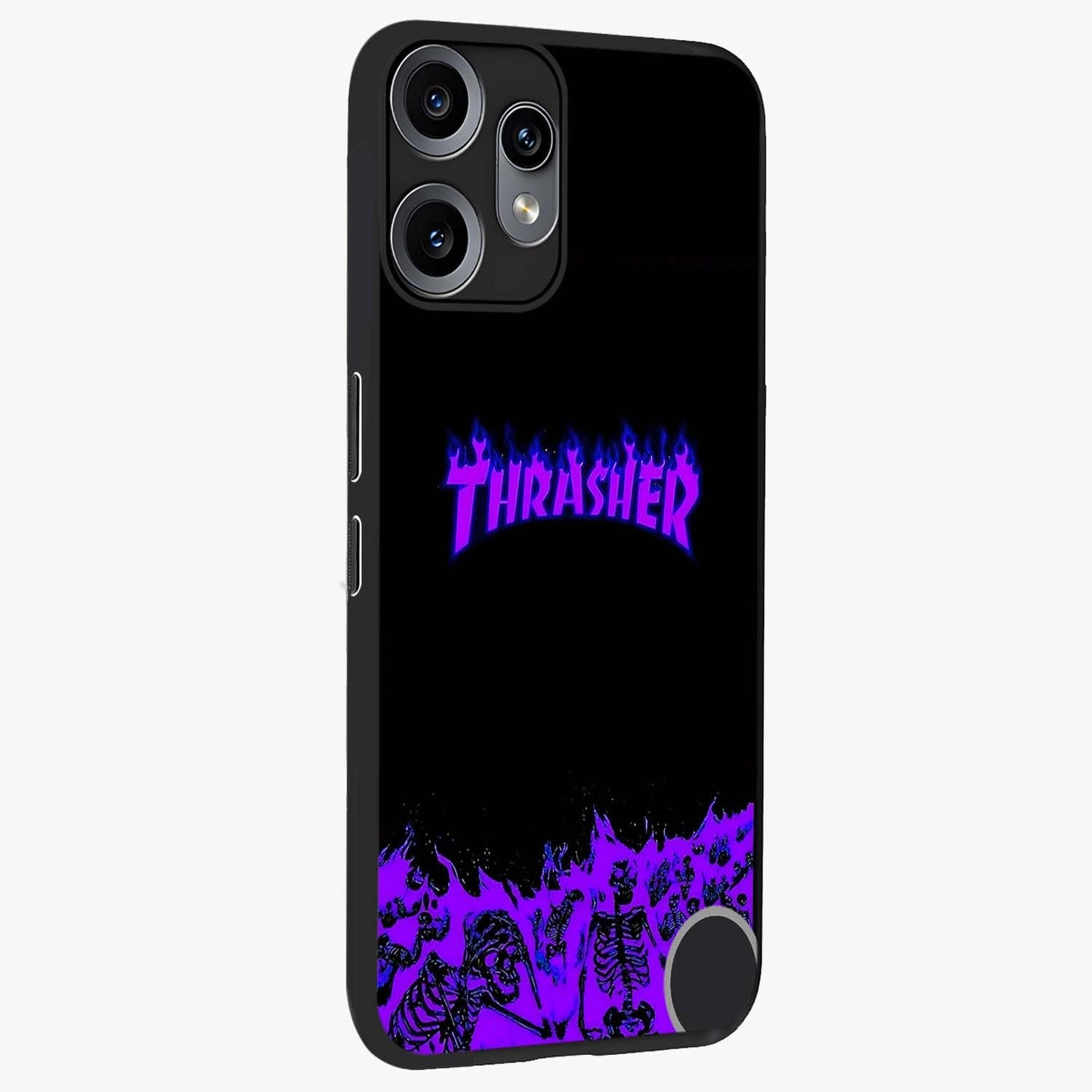 Neon Flame Riot Glass Case upright view showcasing dynamic flame artwork with energetic neon theme.