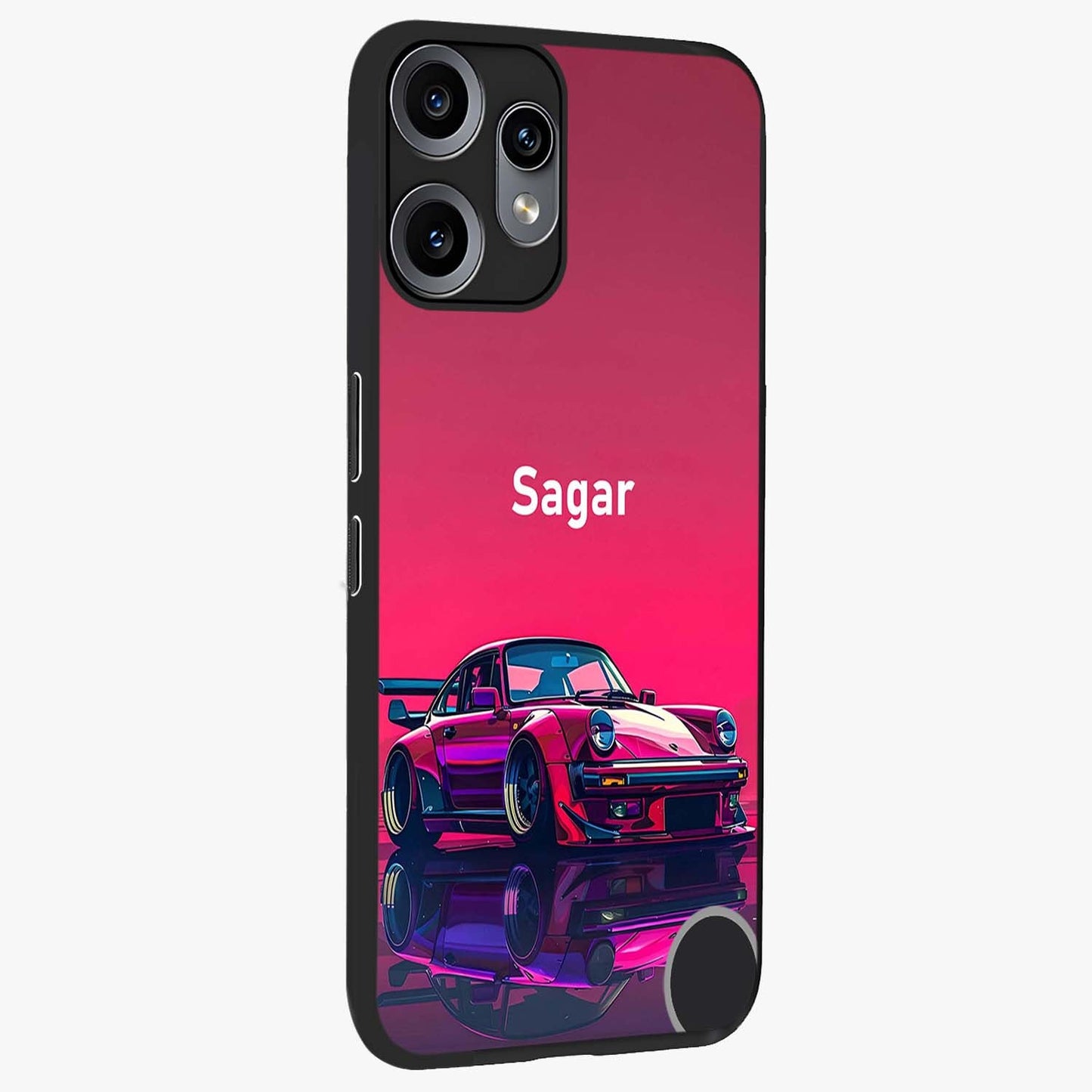 Neon Pink Porsche Glass Case upright view showcasing vibrant sports car artwork with bold automotive theme.