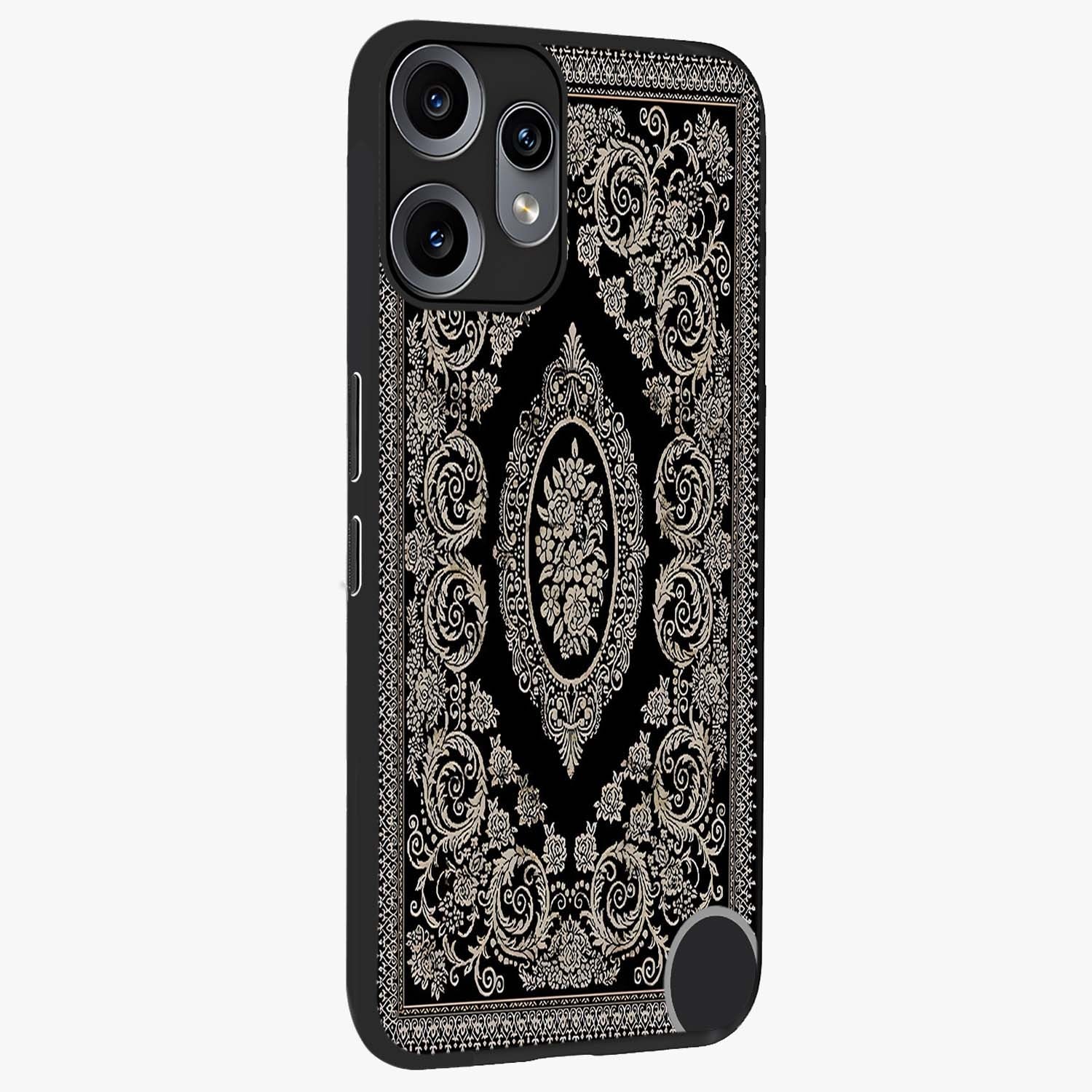 Noir Bloom Elegance Glass Case upright view showcasing graceful floral artwork with luxurious dark theme.