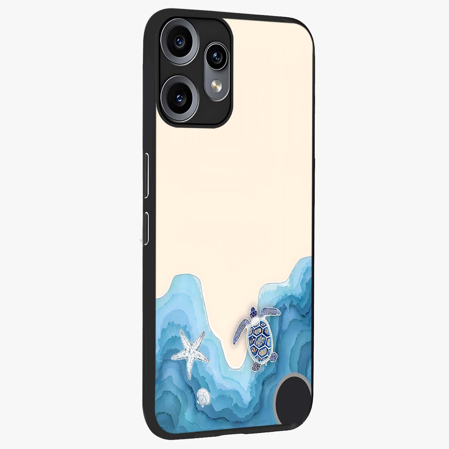 Ocean Drift Turtle Glass Case upright view showcasing calm underwater turtle artwork with nature inspired theme.