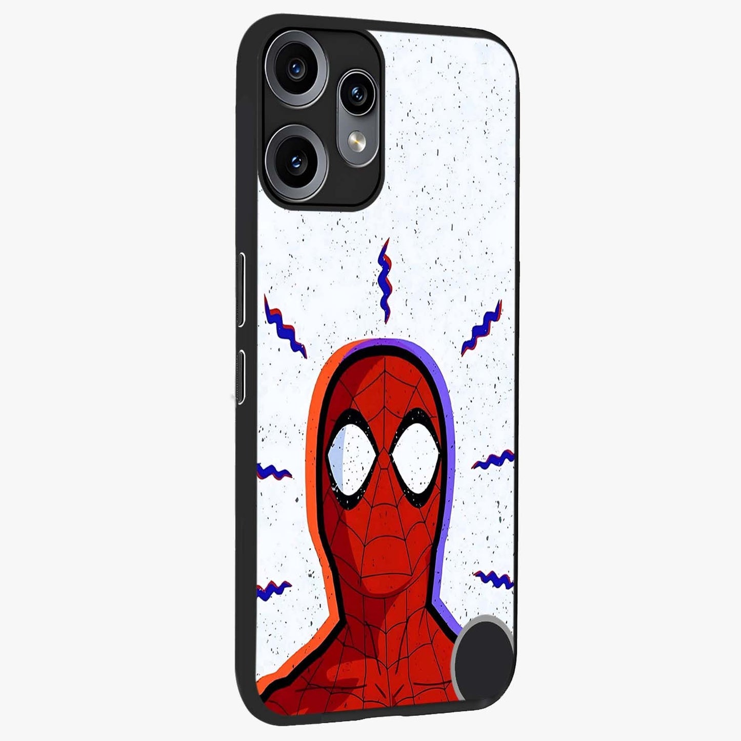 Omg Spiderman Glass Case upright view showcasing energetic superhero artwork with vibrant comic theme.