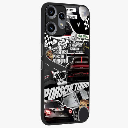 Porsche Racing Collage Glass Case upright view showcasing energetic car collage artwork with high speed racing theme.