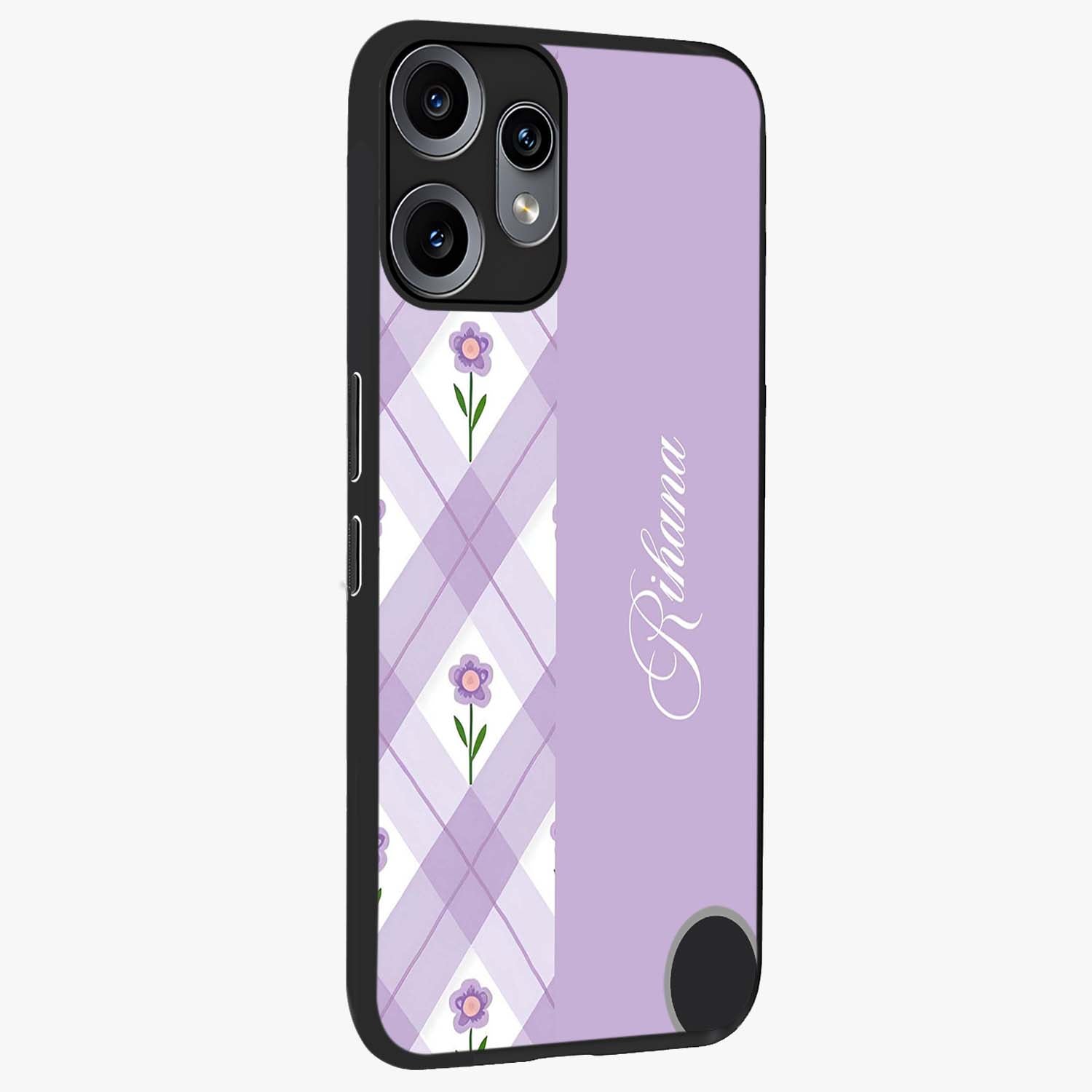 Purple Diamond Floral Glass Case upright view showcasing vibrant floral artwork with stylish geometric theme.