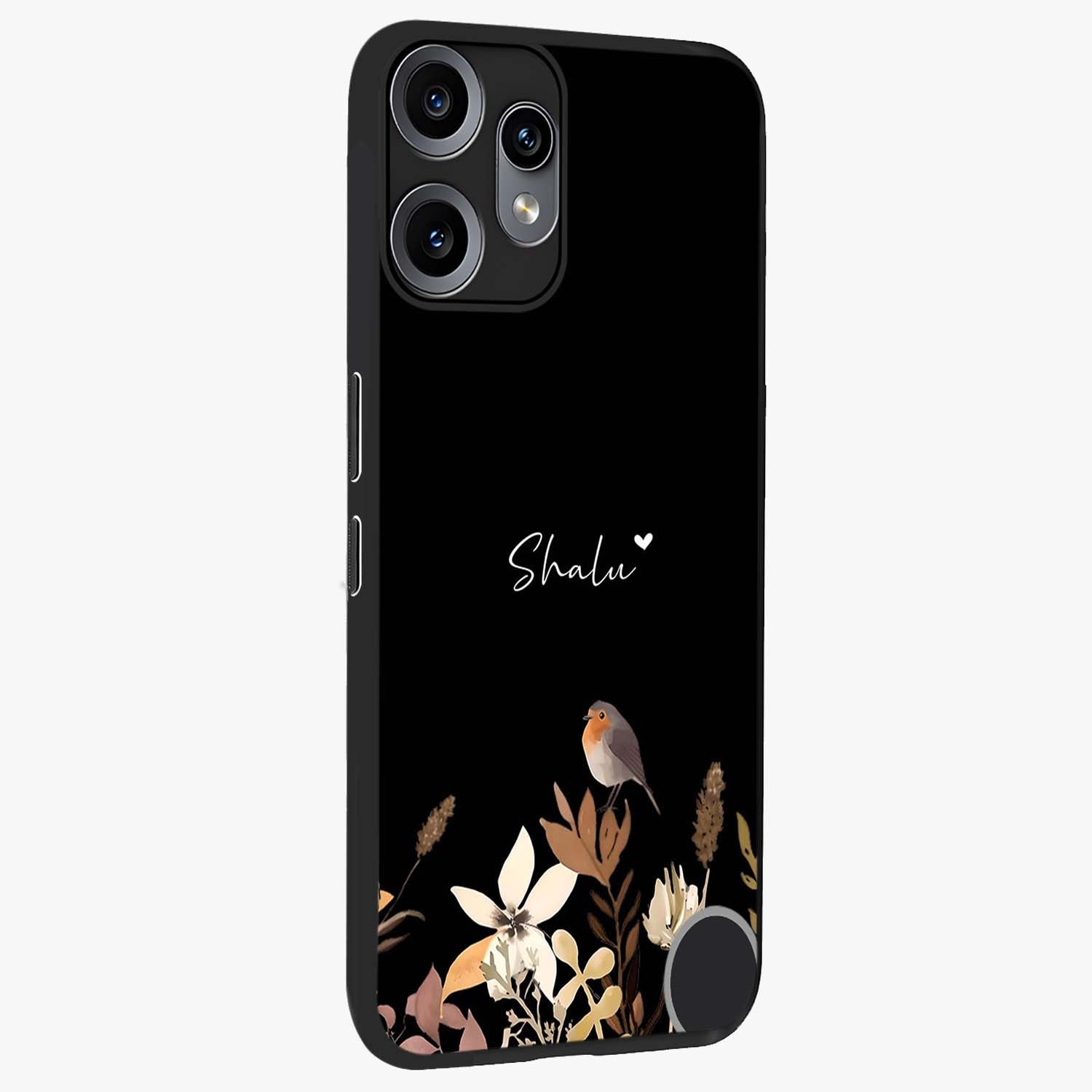 Quiet Garden Tune Custom Name Glass Case upright view showcasing serene botanical artwork with personalized aesthetic.