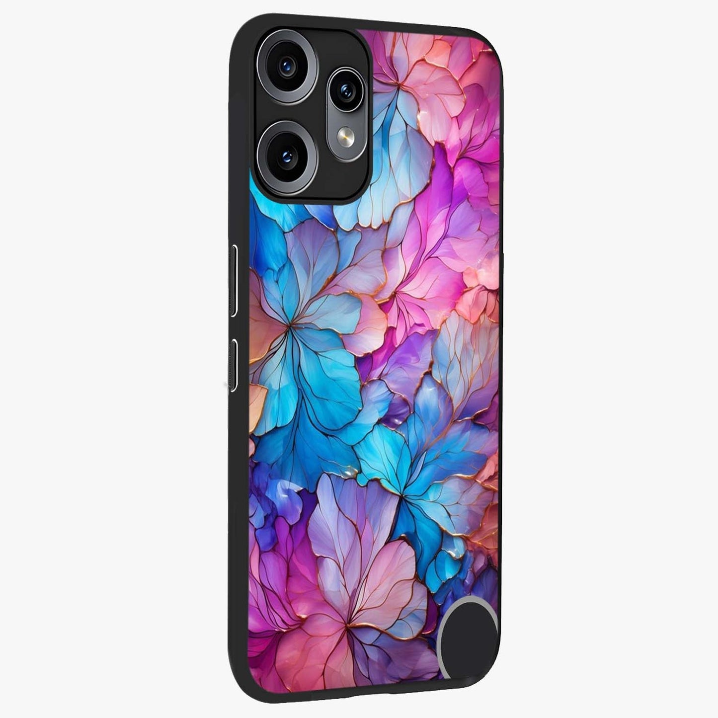 Radiant Floral Whirl Glass Case upright view showcasing lively floral artwork with decorative swirl theme.