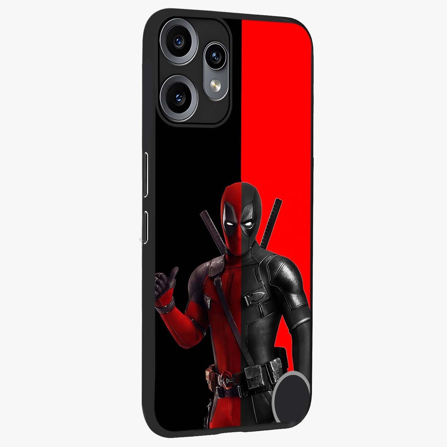 Red & Black Deadpool Theme Glass Case upright view showcasing energetic comic themed artwork with striking red and black design.