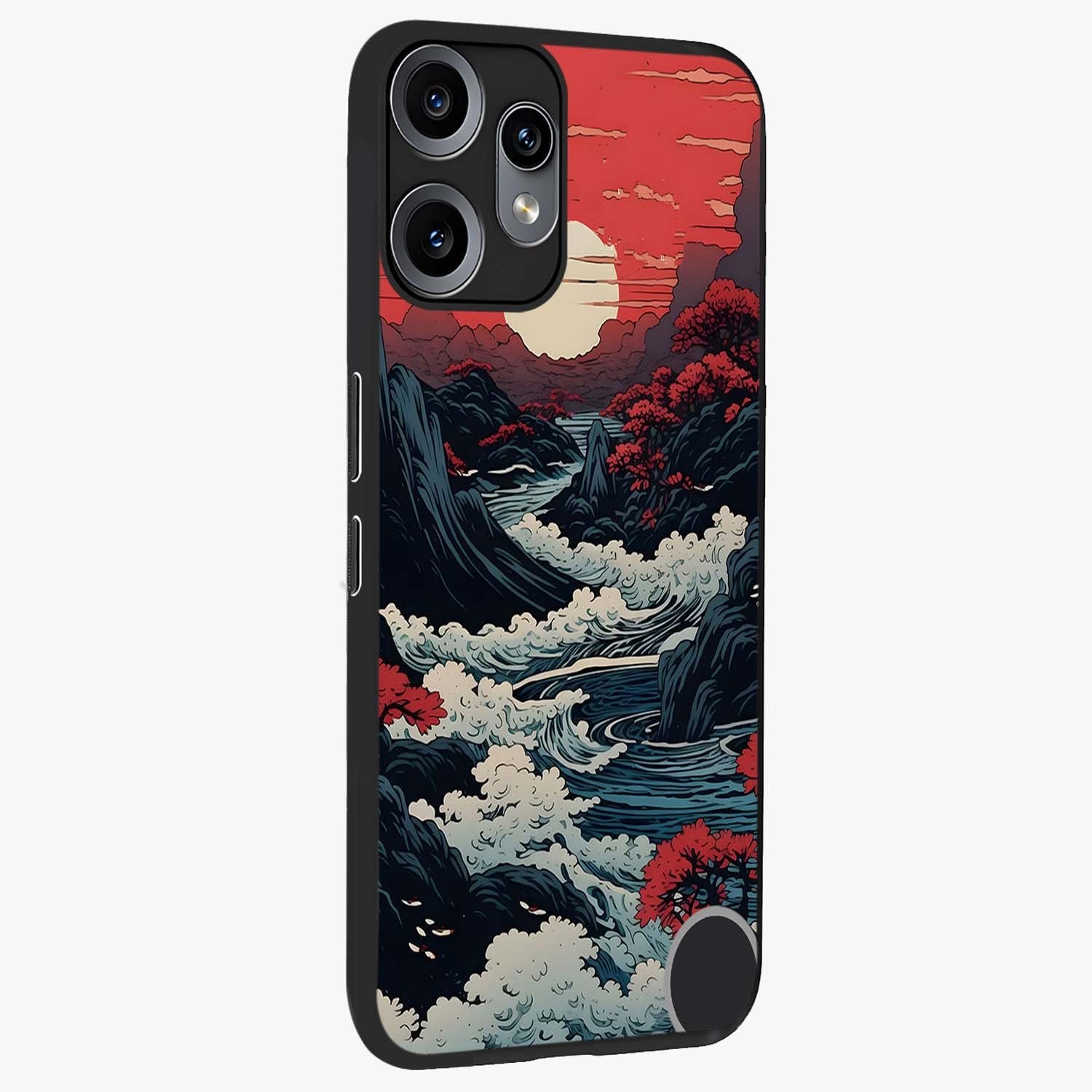 Red Sunset Scenery Glass Case upright view showcasing dramatic sunset scenery artwork with warm nature theme.